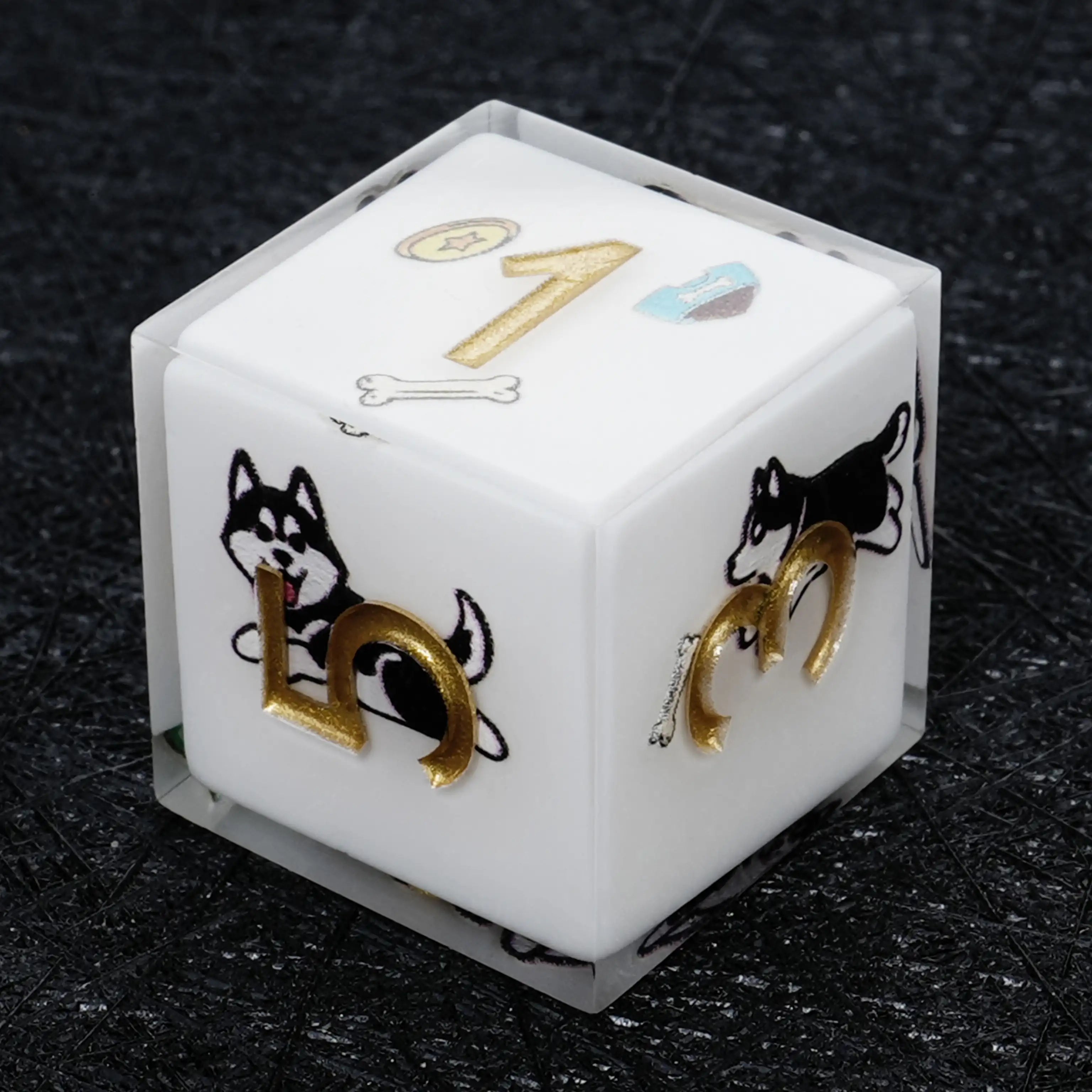 Kickstarter Dice – Sharp-Edged White Resin Husky DND D6 Dice with Gold Numbers | Bear Dice