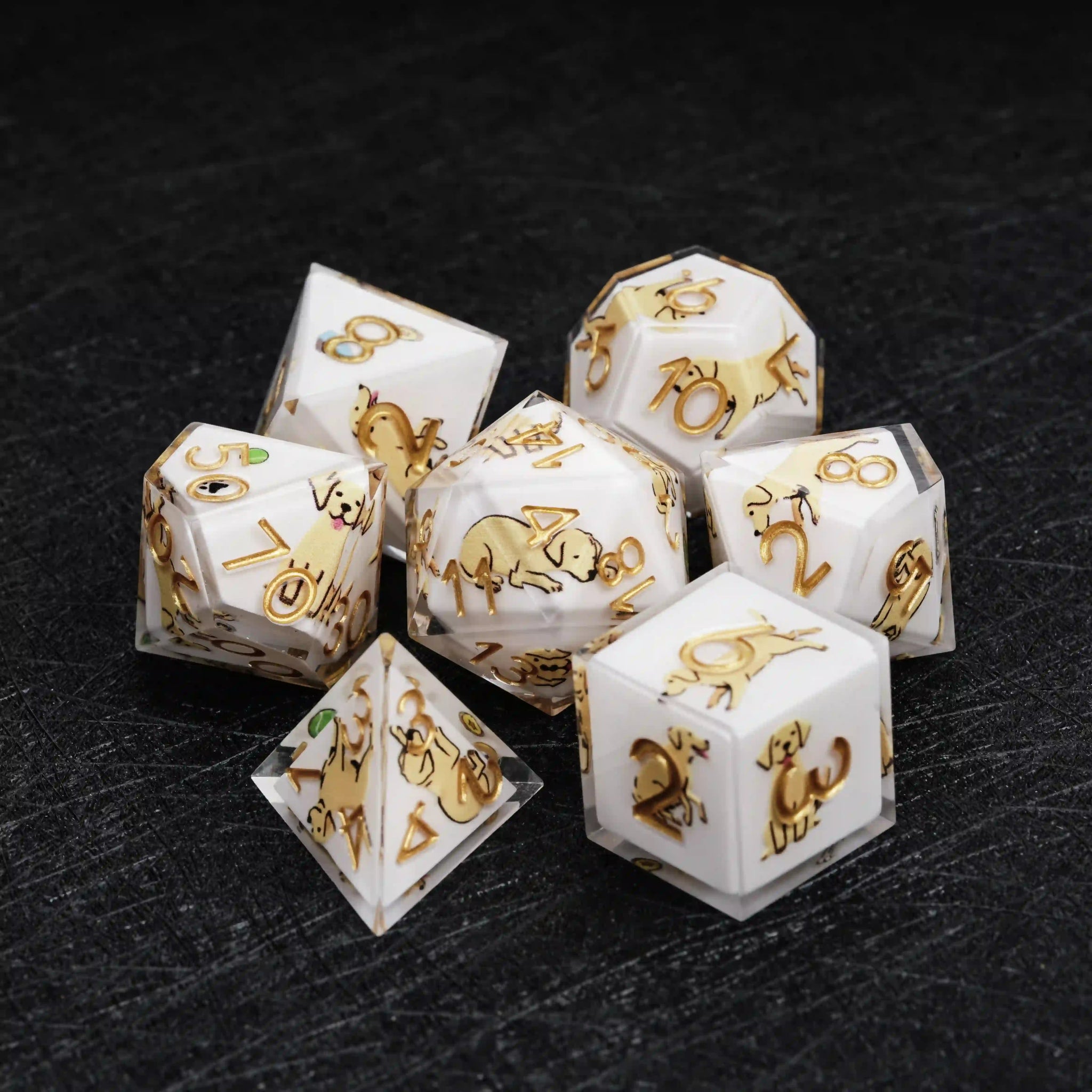Kickstarter Dice – Sharp-Edged White Resin Labrador DND Dice Set | Bear Dice