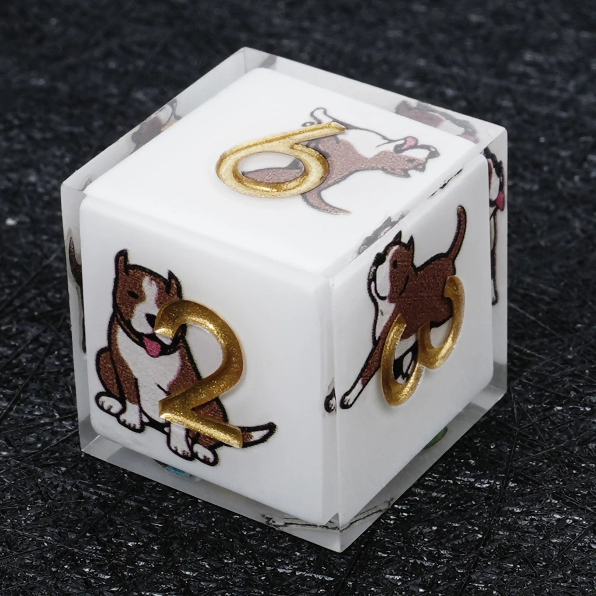 Kickstarter Dice – Sharp-Edged White Resin Pit Bull DND D6 Dice with Gold Numbers | Bear Dice