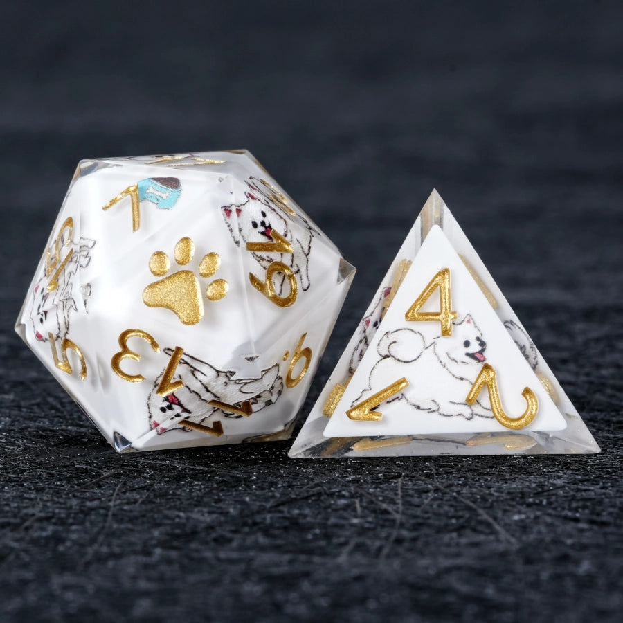 Kickstarter Dice – Sharp-Edged White Resin Pomeranian DND D20 and D4 Dice | Bear Dice