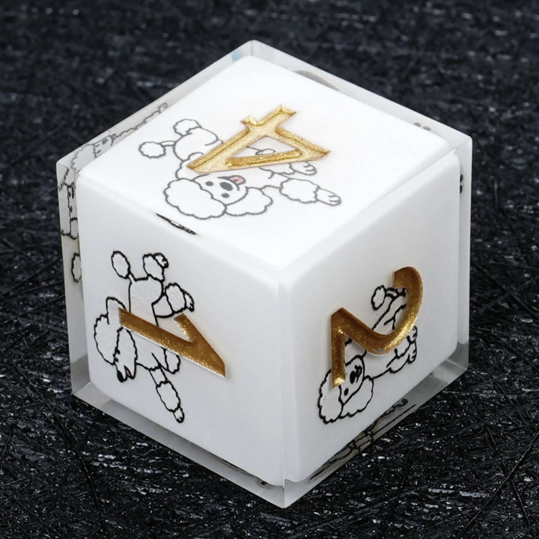 Kickstarter Dice – Sharp-Edged White Resin Poodle DND D6 Dice with Gold Numbers | Bear Dice