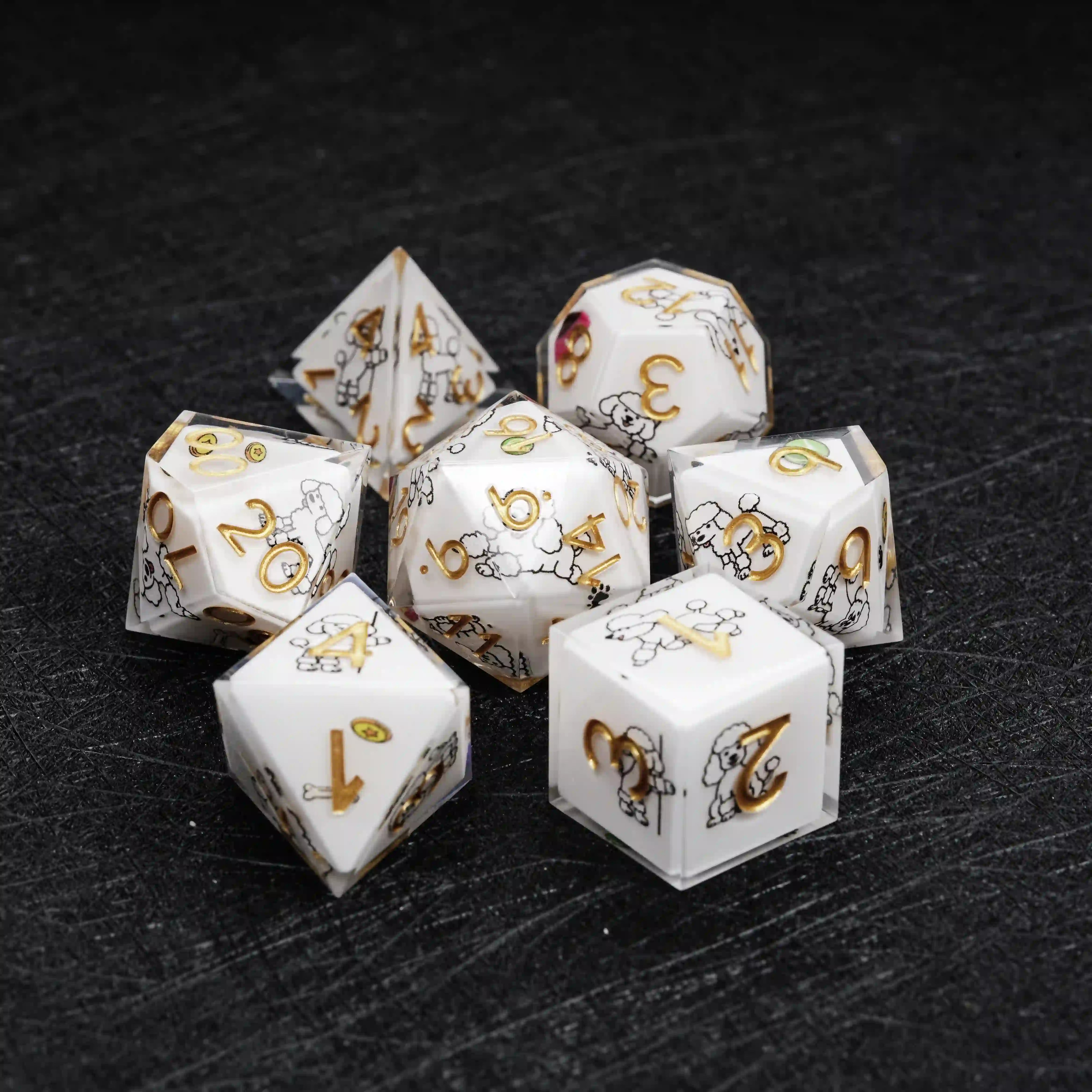 Kickstarter Dice – Sharp-Edged White Resin Poodle DND Dice Set | Bear Dice