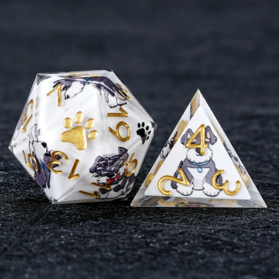 Kickstarter Dice – Sharp-Edged White Resin Schnauzer DND D20 and D4 Dice | Bear Dice