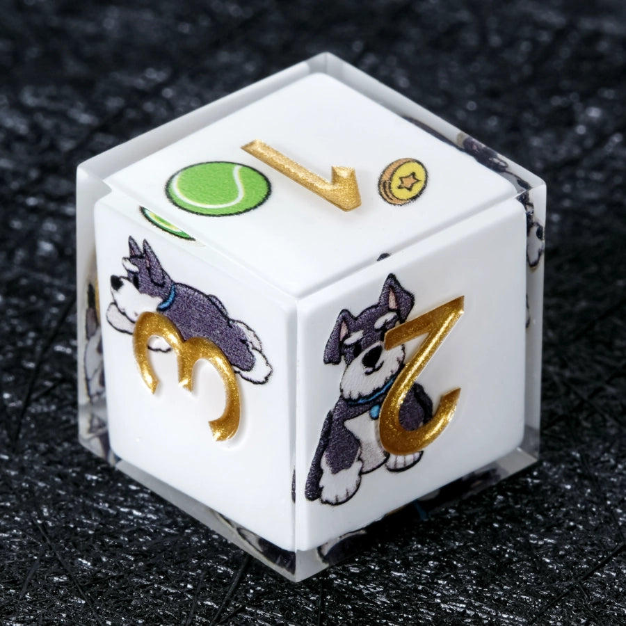 Kickstarter Dice – Handcrafted Sharp-Edged White Resin Schnauzer DND D6 Dice | Bear Dice