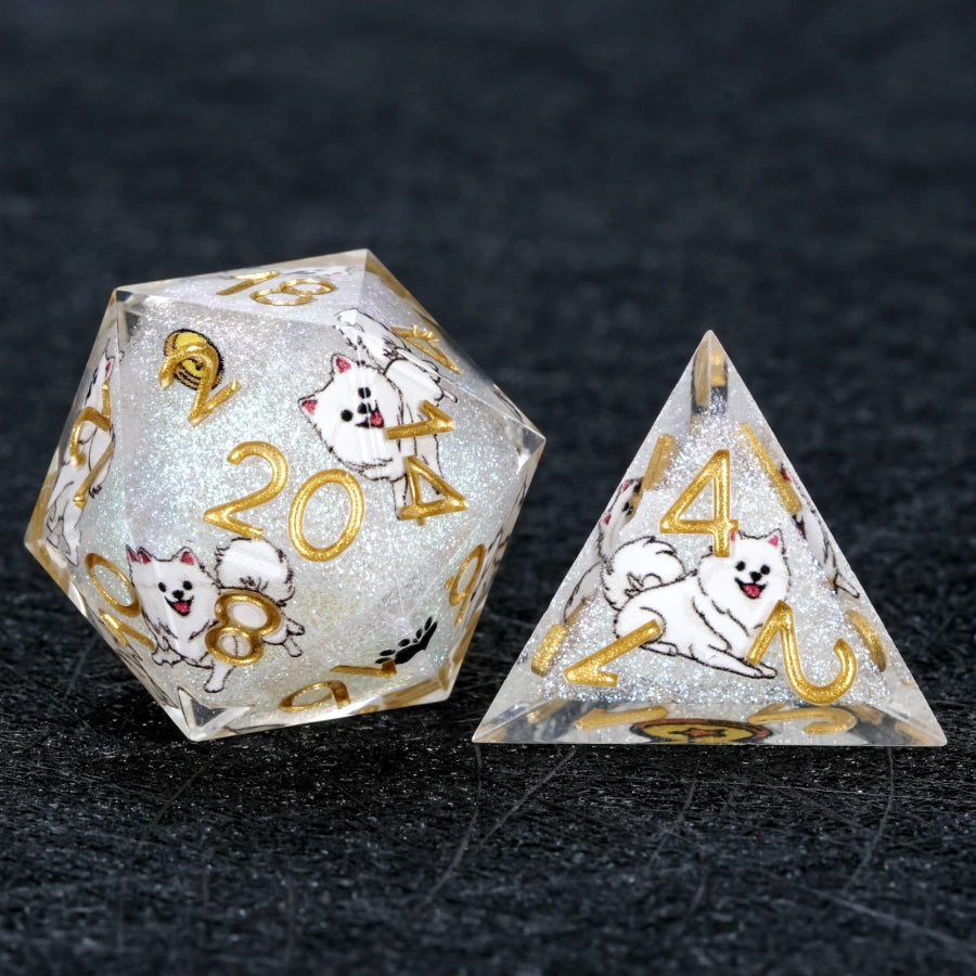 Kickstarter Dice – Sharp-edged white glitter resin DND D20 and D4 dice | Bear Dice