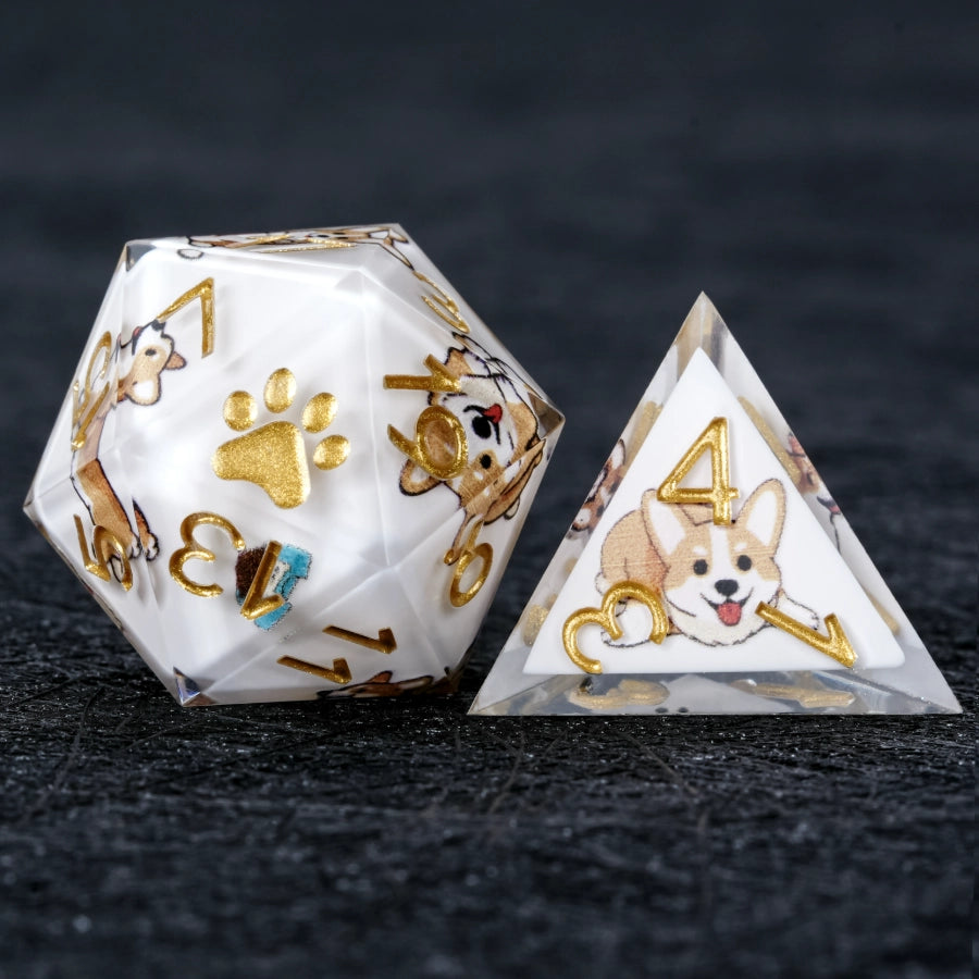 Kickstarter Dice – Sharp-edged white resin Corgi DND D20 and D4 dice | Bear Dice