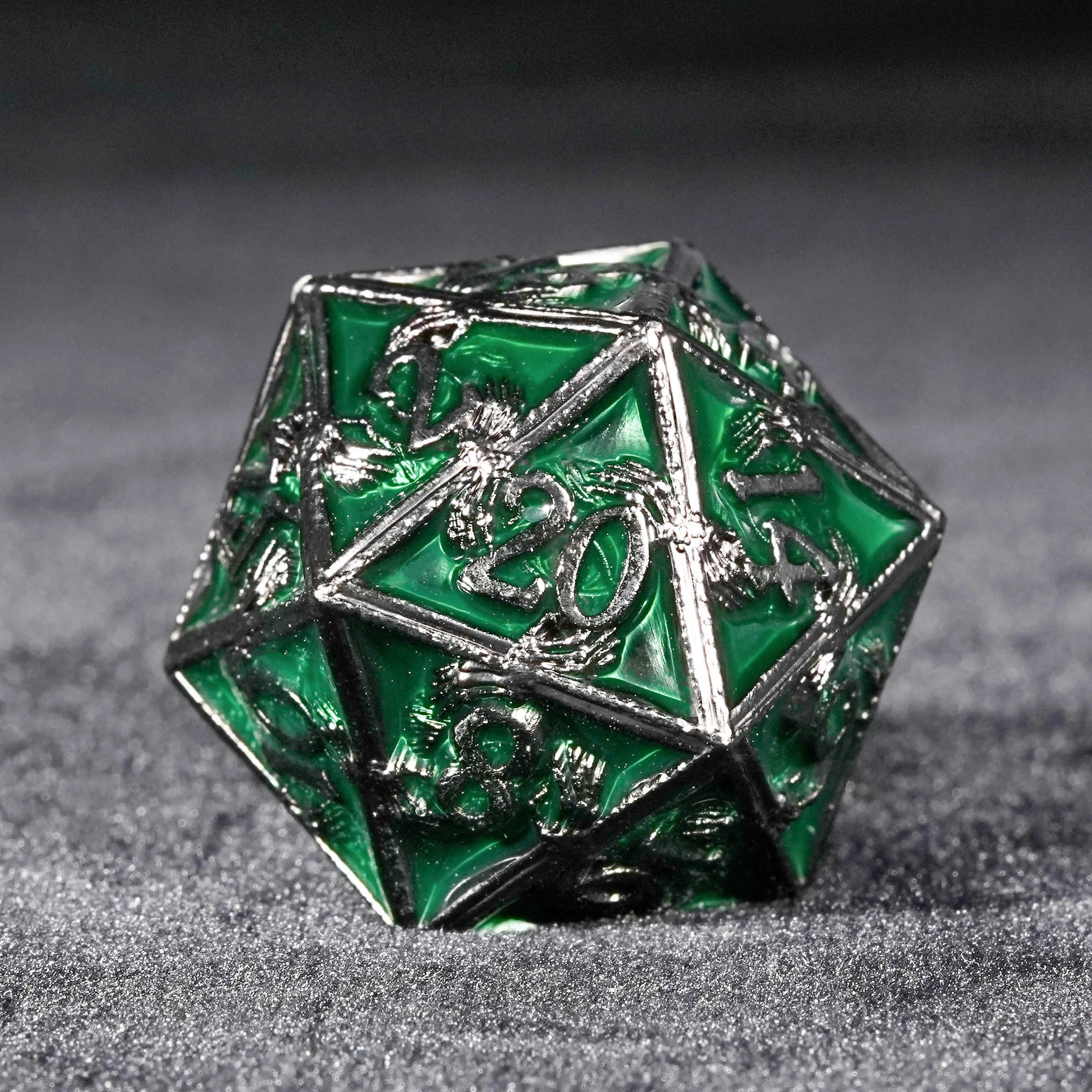 Silver-green metal skeleton hands surround the polyhedron DND  D20 dice -RPG 20 sided dice | Bear Dice