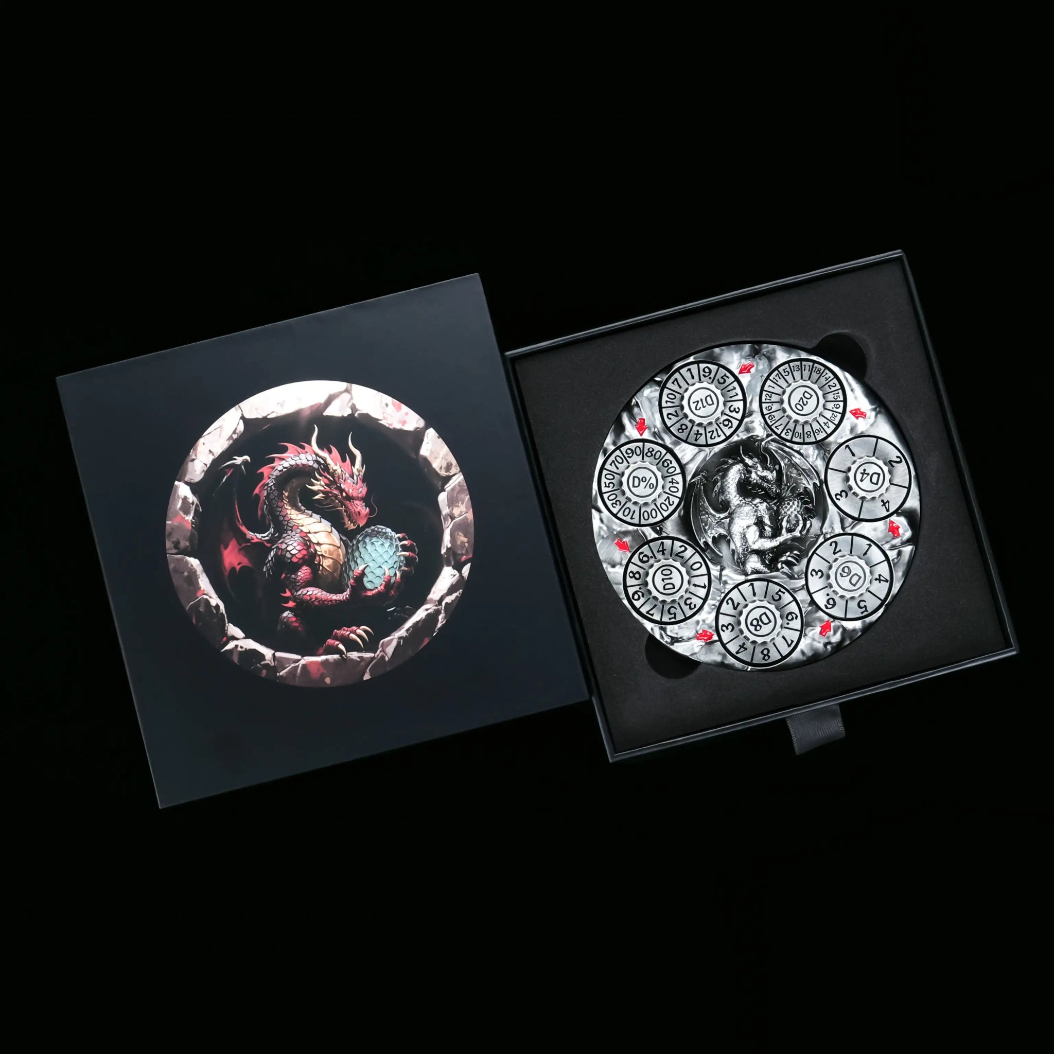 Unique Dice Spinner: Silver 7-in-1 Metal 3D Embossed Dragon DND Spinner Dice, comes with a dedicated black dice case | Bear Dice