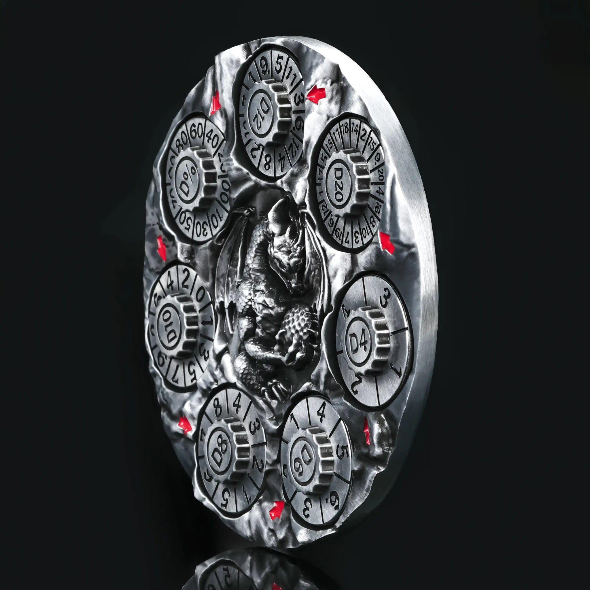 Unique Dice Spinner - Silver 7-in-1 Metal 3D Embossed Dragon DND Spinner Side View | Bear Dice