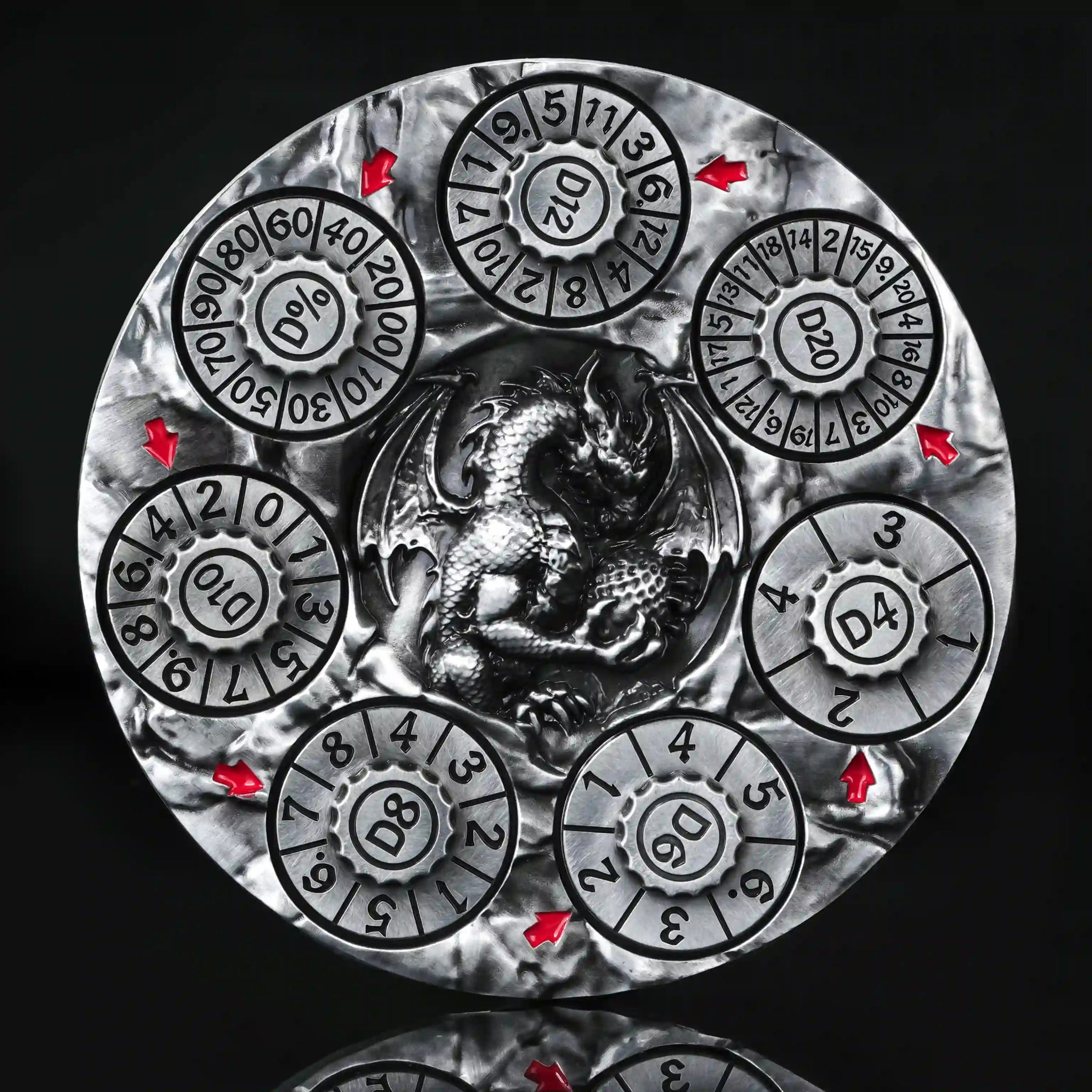 Unique Dice Wheel: Silver 7-in-1 Metal 3D Embossed Pterodactyl DND Spinning Wheel Dice, Black Numbers | Bear Dice