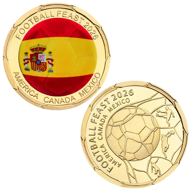 Spain World Cup Flag Metal Coin – Obverse features the Spanish flag; reverse features a 2026 World Cup football design | Bear Dice