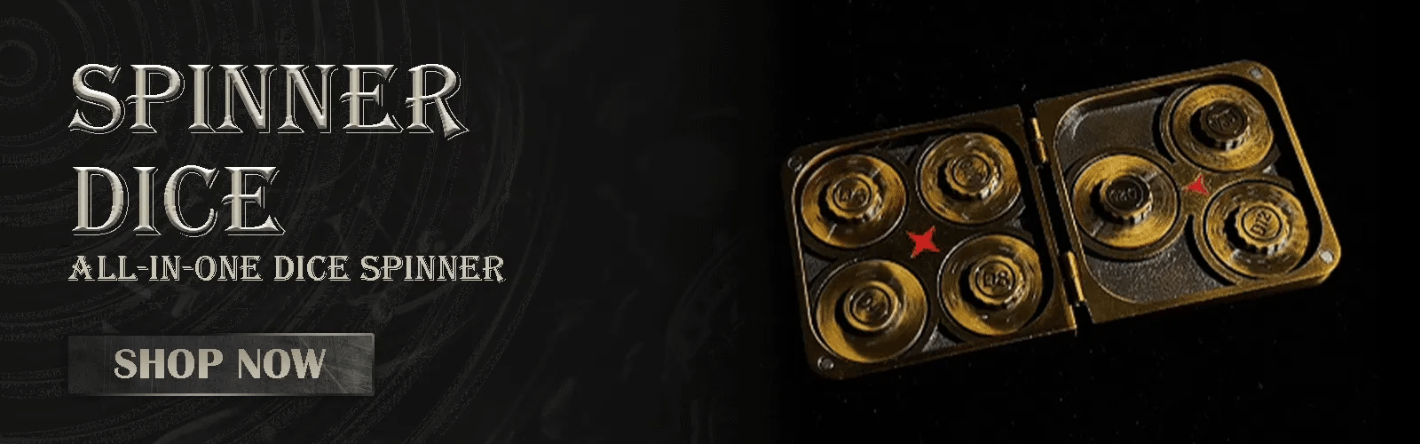 Dice Spinner: Premium Metal Polyhedral Dice Set—Featuring a "Buy Now" Call-to-Action Button—Specially Designed with a Dark Fantasy Theme for Tabletop Games.