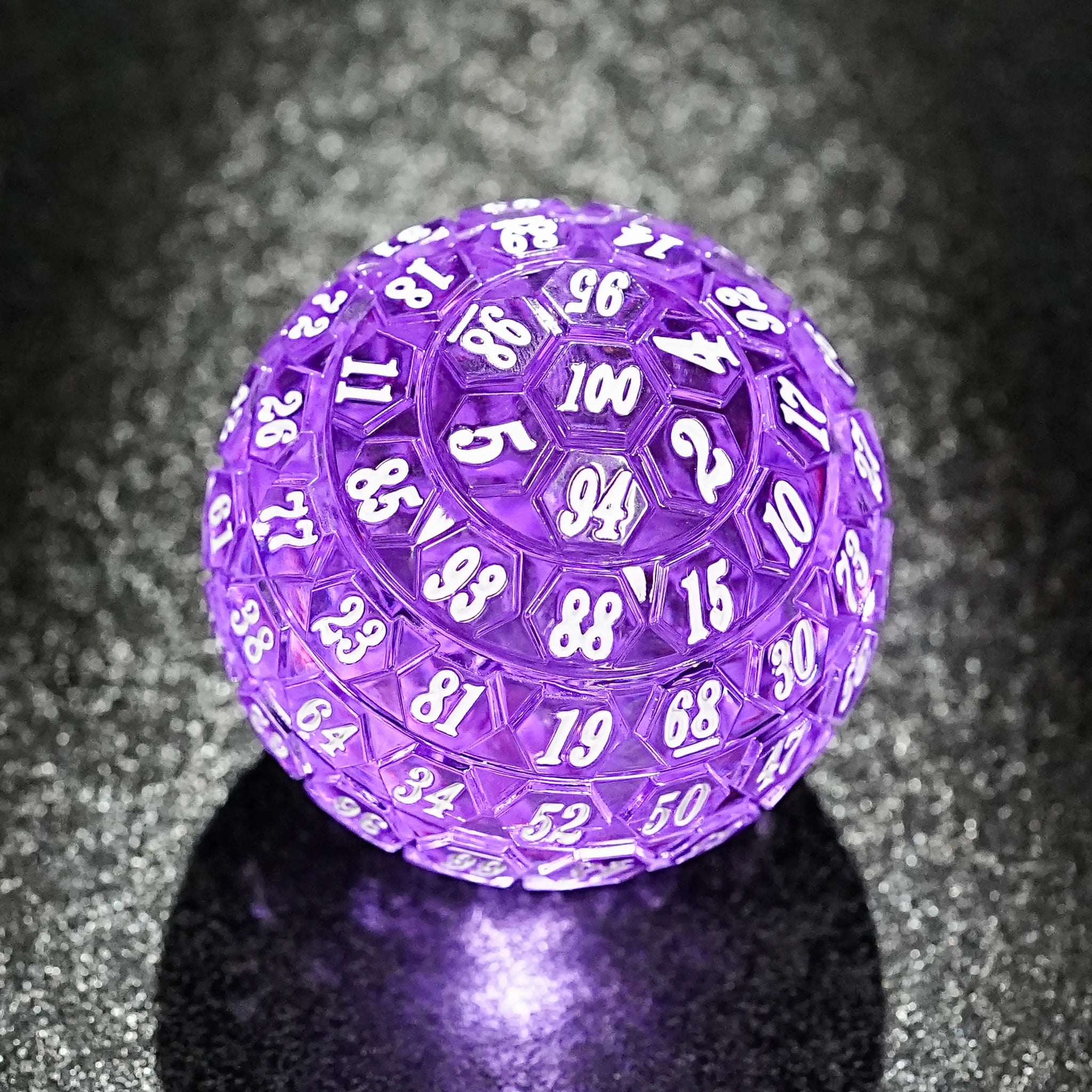 Translucent bright purple acrylic D100 dice with white numbers, perfect for Call of Cthulhu, Vampire Die, Dungeons & Dragons, and other role-playing games | Bear Dice