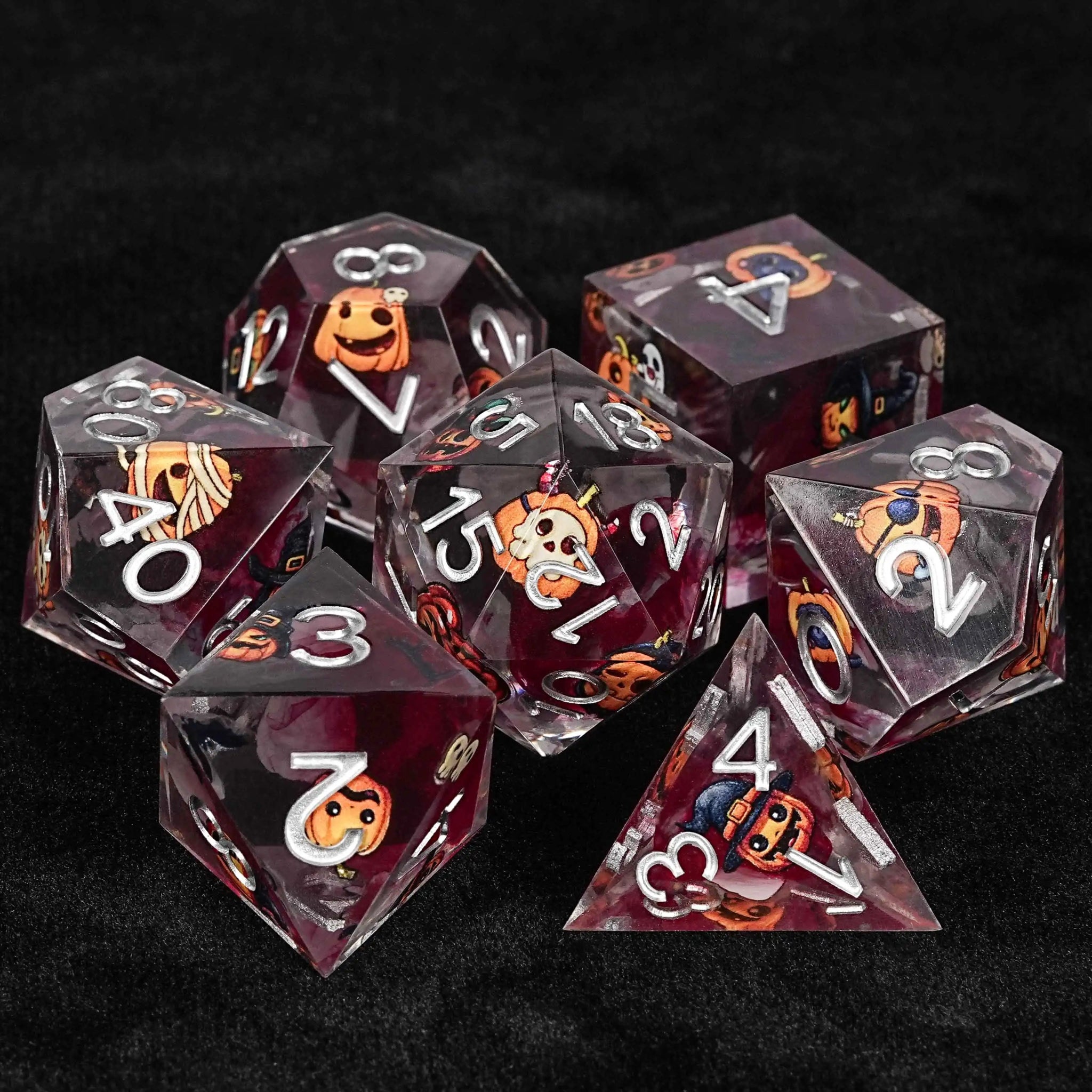 Halloween Gift: 7 Transparent Blood-Red Resin Pumpkin Monster D&D Dice with Silver Numbers | Bear Dice
