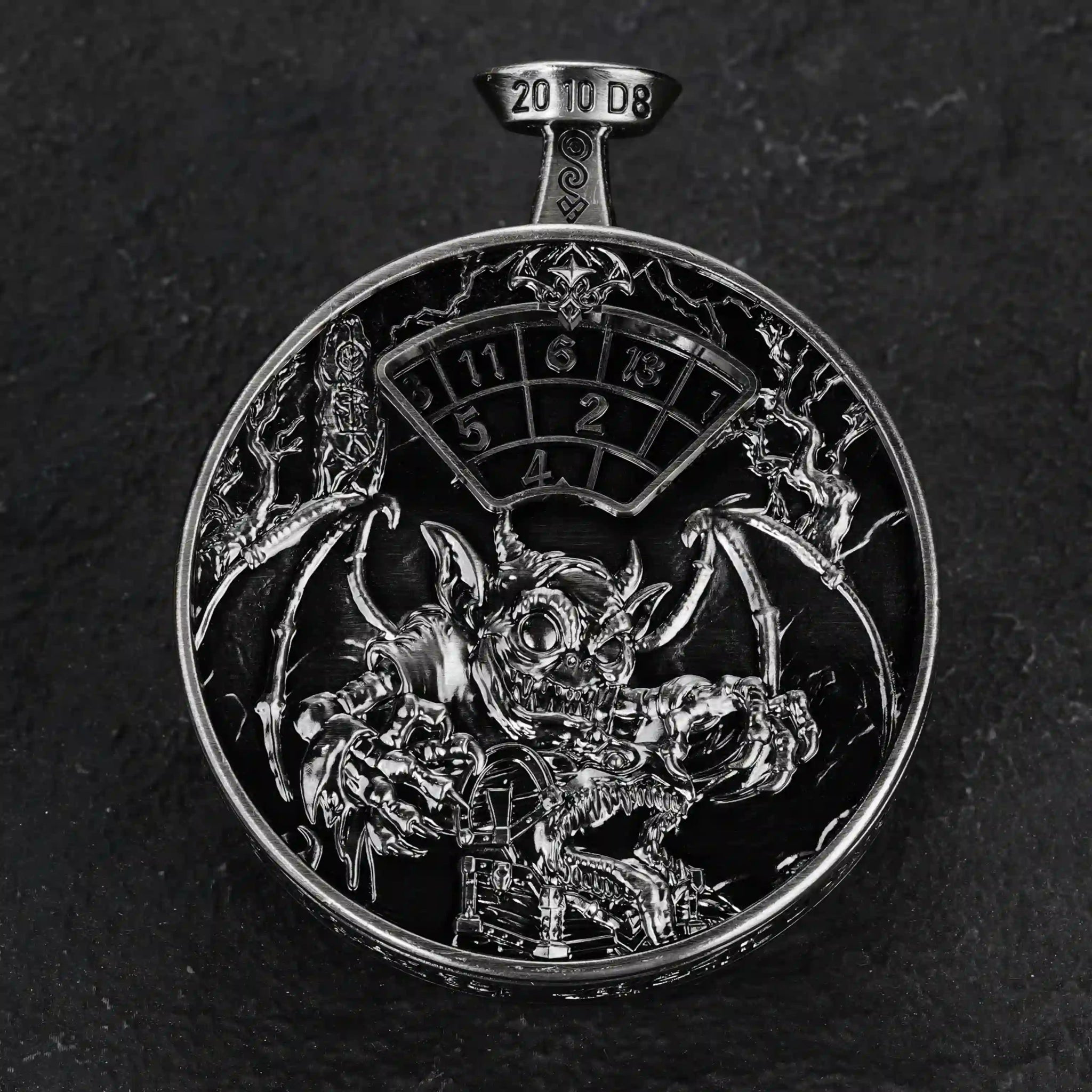 Unique 7-in-1 Antique Nickel Metal DND Spinning Dice Pocket Watch: Front side display: Embossed images of Tiffilin, Chest Monster, etc. | Bear Dice