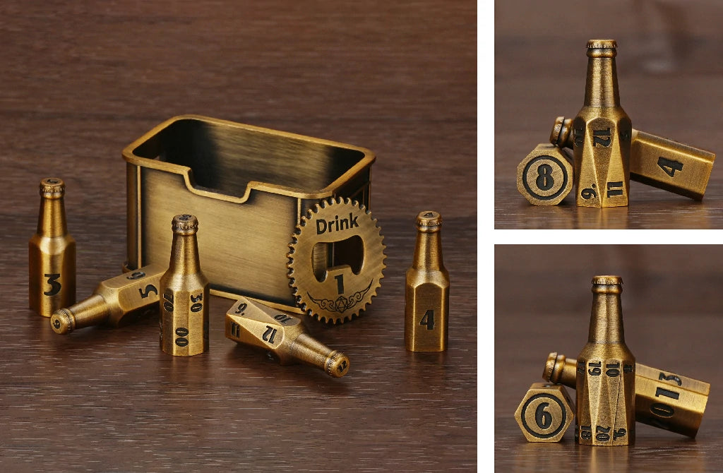 Unique Antique Gold Metal Beer Bottle DND Polyhedral Dice Set | Bear Dice
