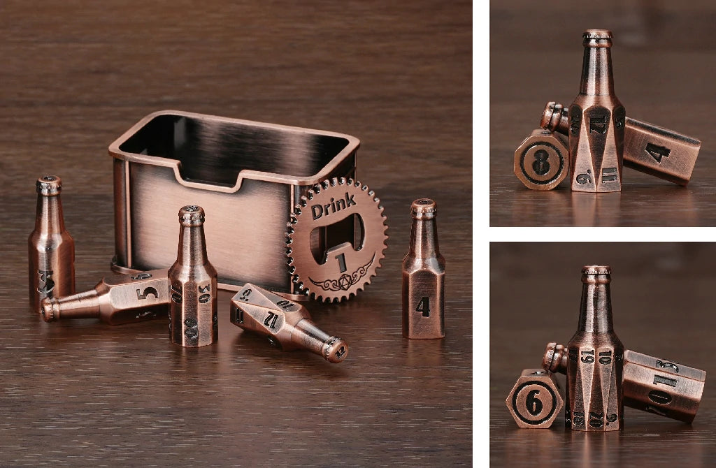Unique Copper-Colored Metal Beer Bottle D&D Polyhedral Dice Set | Bear Dice