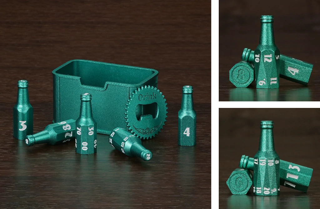 Unique Green Metallic Beer Bottle D&D Polyhedral Dice Set with White Numbers | Bear Dice