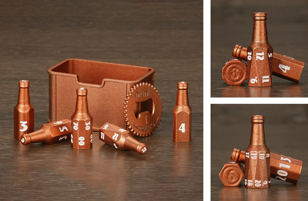 Unique Orange Metallic Beer Bottle D&D Polyhedral Dice Set with White Numbers | Bear Dice