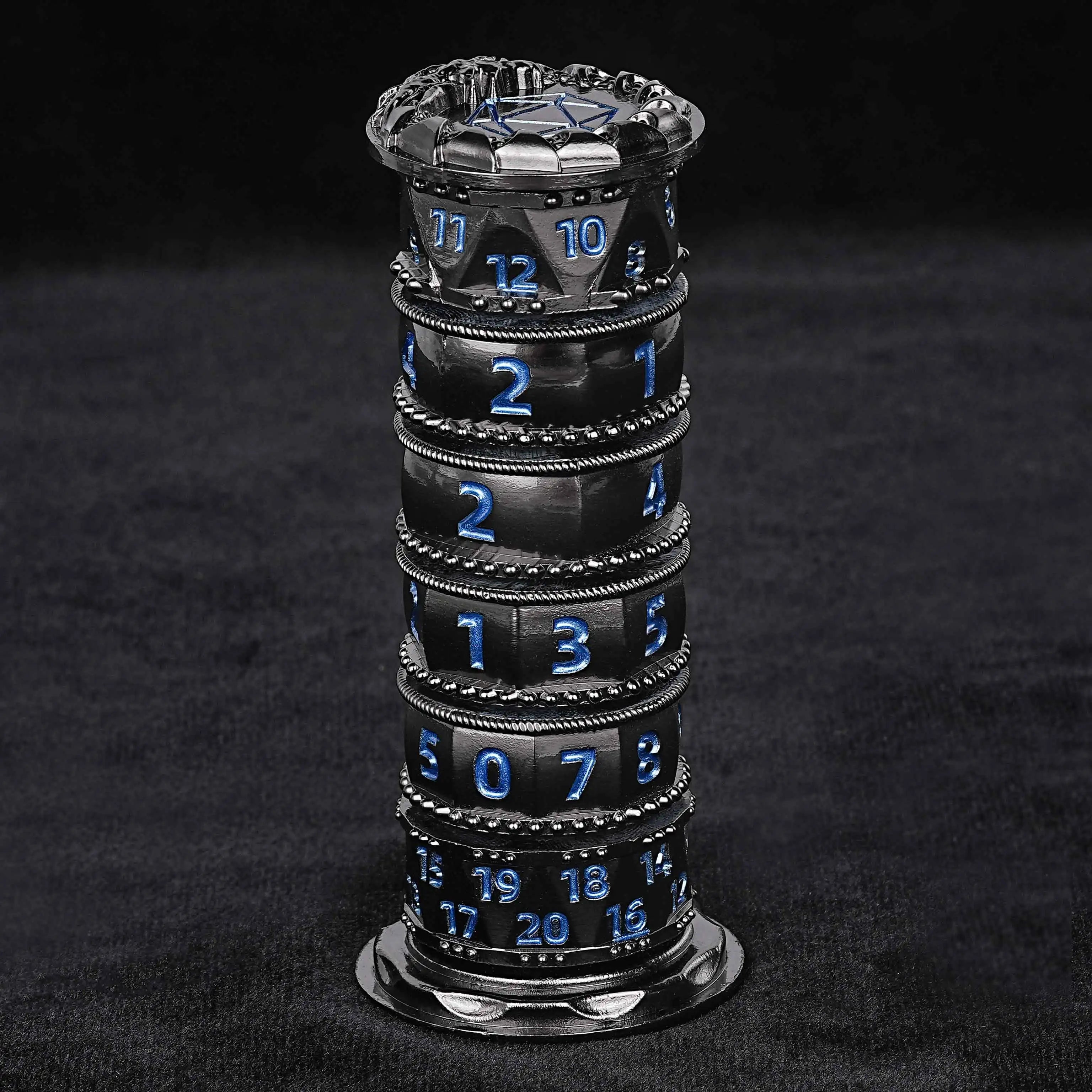Unique metal dice spinner: black cylinder multi-layer spinning metal dnd dice + blue numbers | Bear Dice