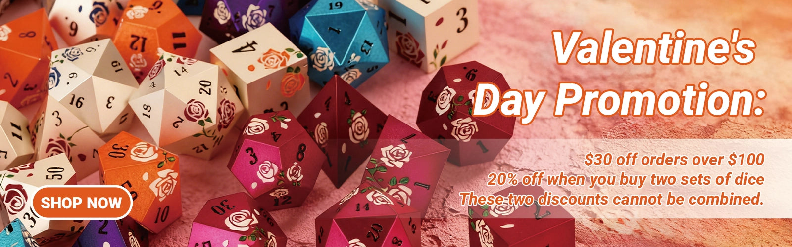 Valentine's Day Gift: Rose-themed Metal Dice Set - Promotional image. $30 off orders over $100, buy two sets of dice and get a 20% discount | BearDice