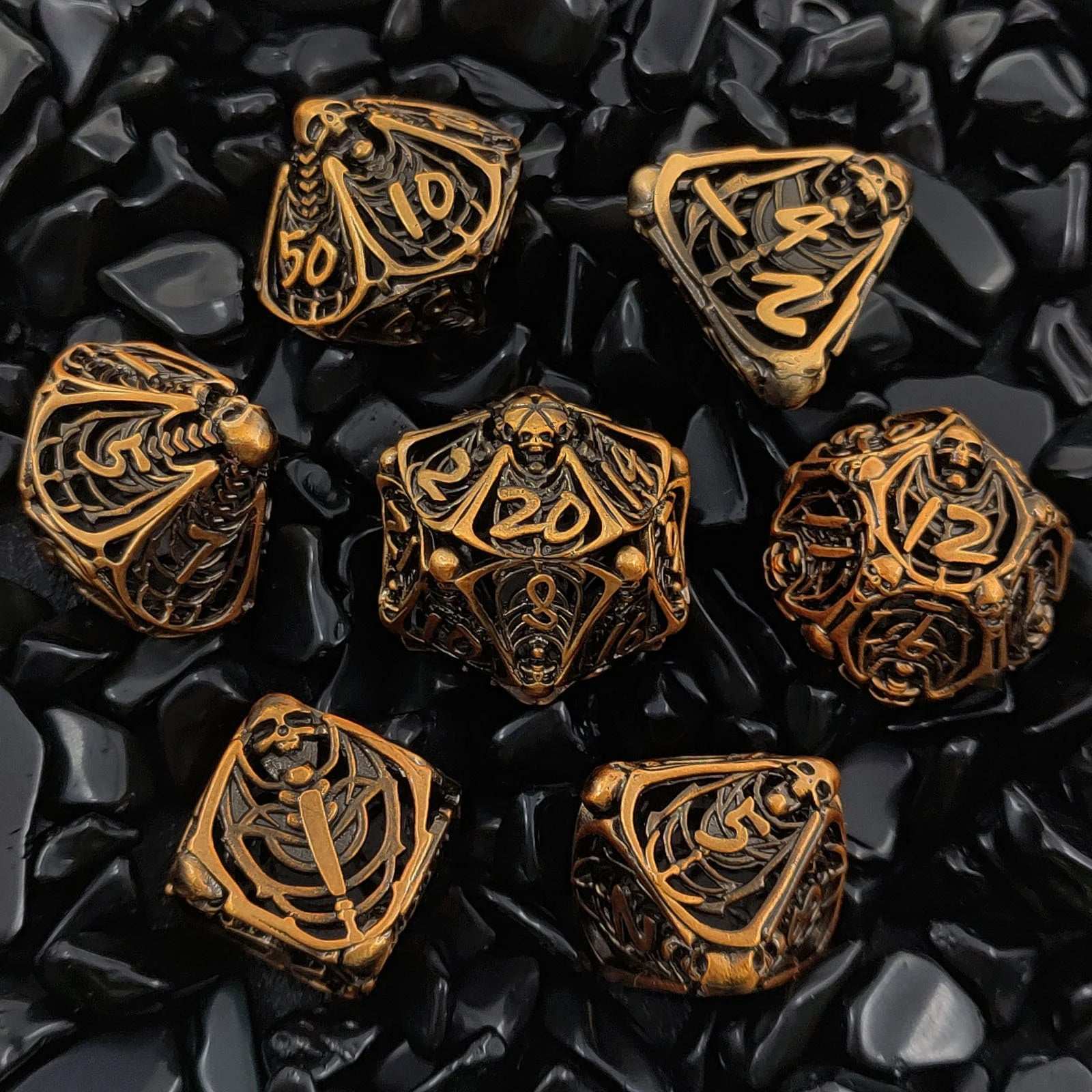 Vintage Brass Skull Metal DND Dice Set + Gold Font | Bear Dice