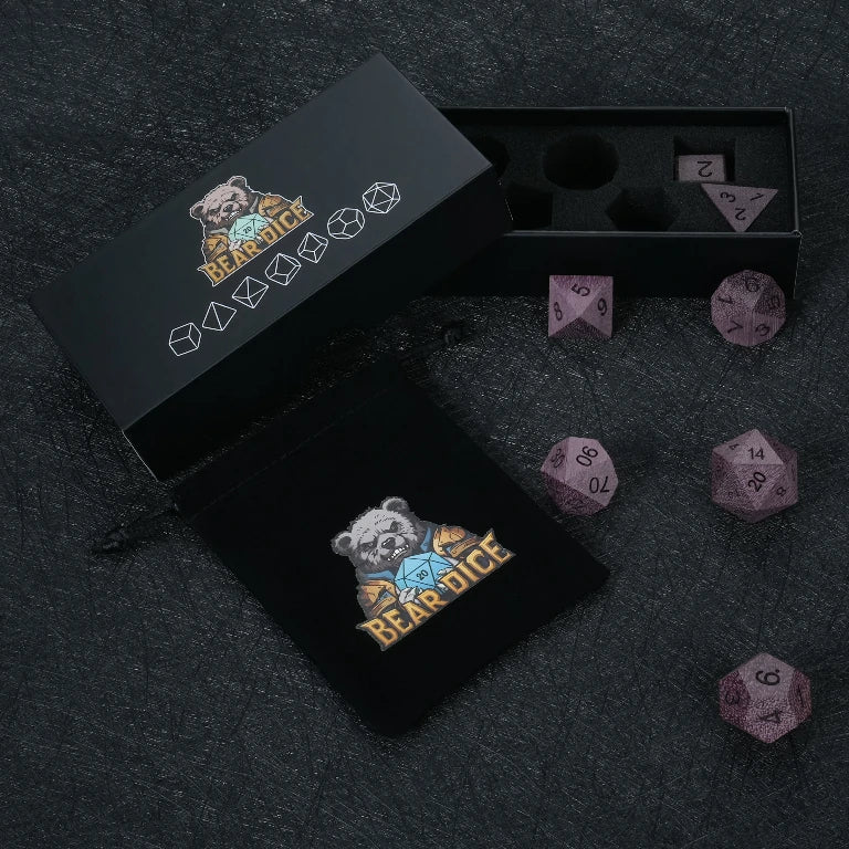 Violet Wood Dice Set, includes a black velvet drawstring dice bag and a black dice box | Bear Dice