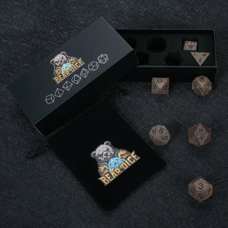 Wenge Dice Set, includes a black velvet drawstring dice bag and a black dice box | Bear Dice