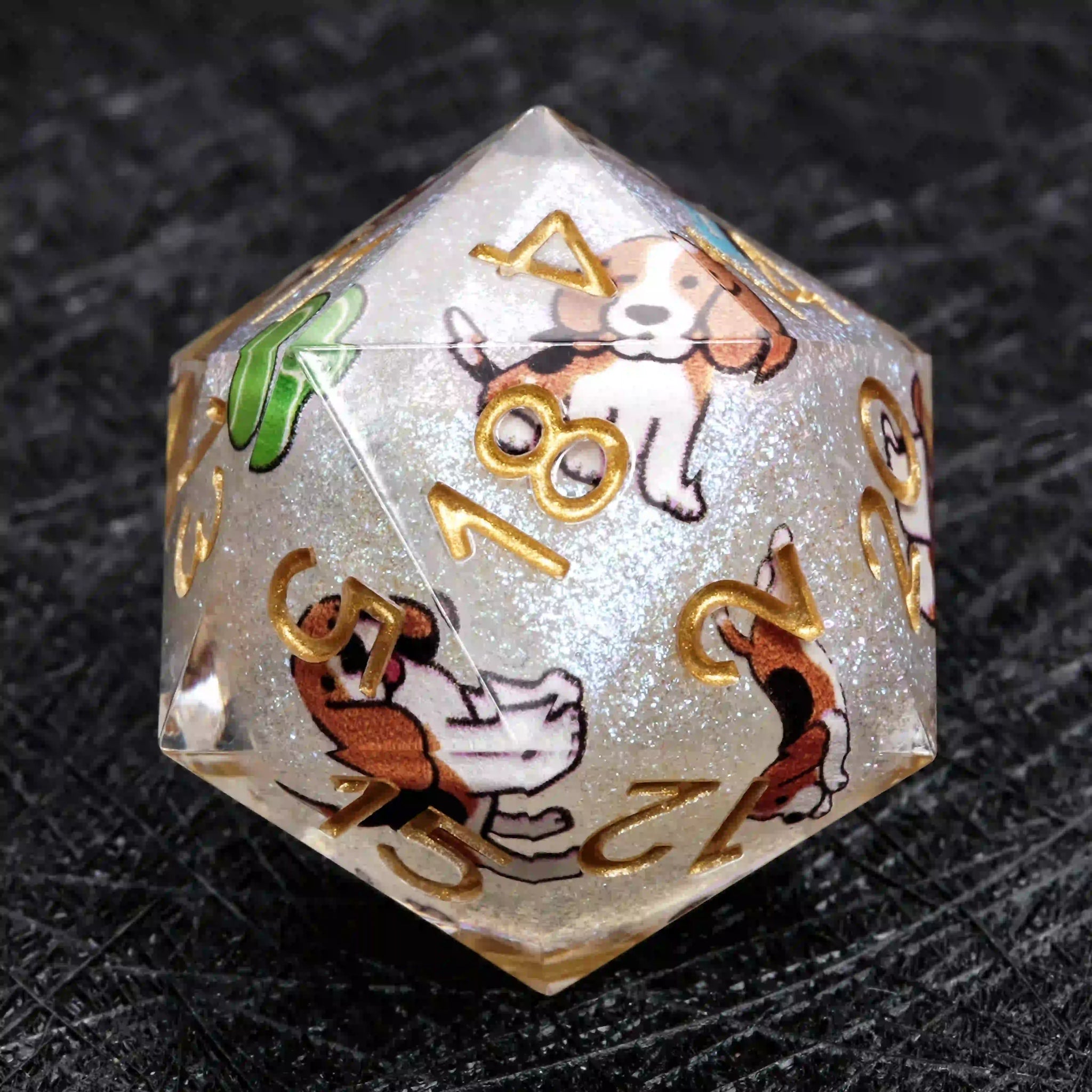 Kickstarter Dice – White Glitter Resin Beagle DND D20 Dice with Gold Numbers | Bear Dice