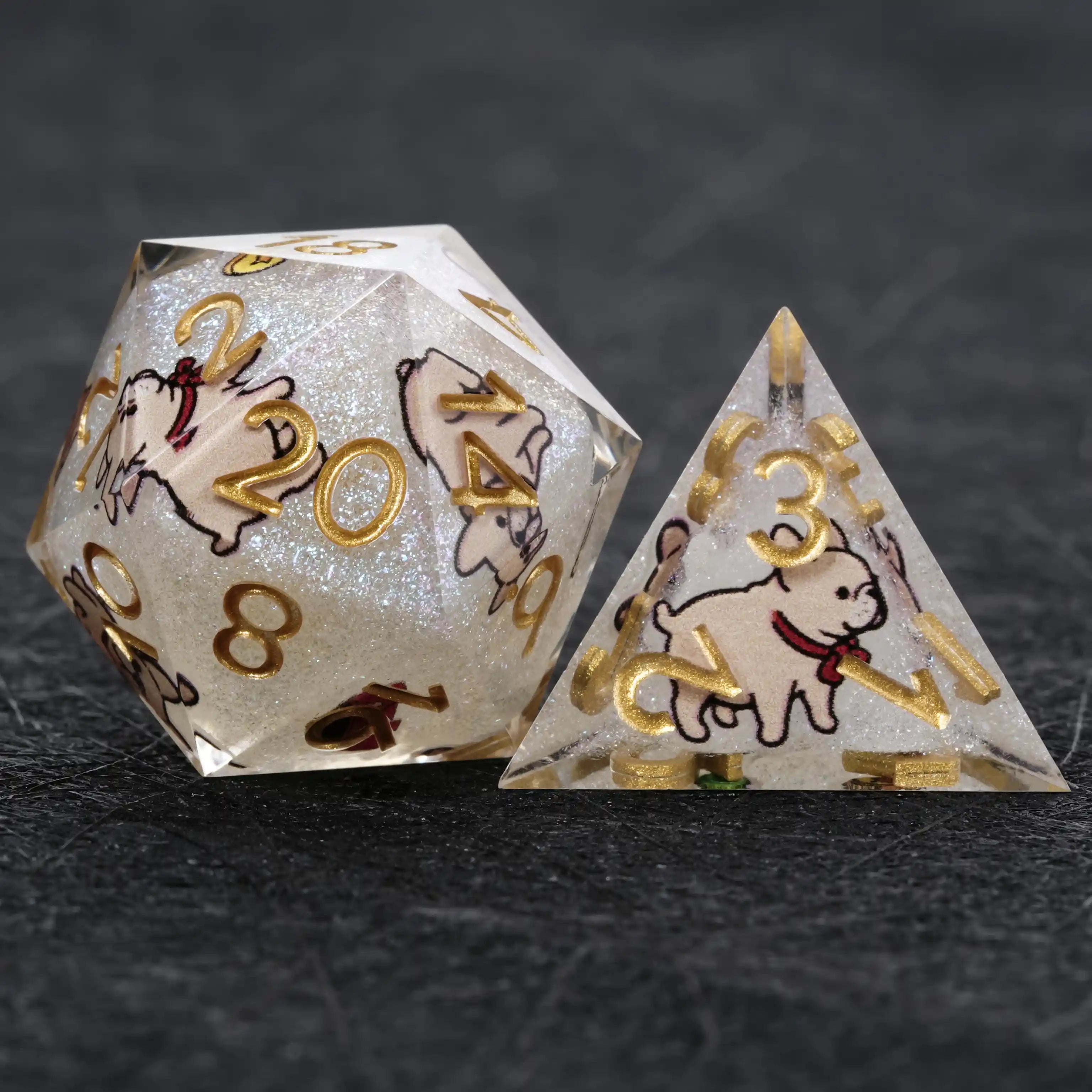 Kickstarter Dice – White Glitter Resin Bulldog DND D20 and D4 Dice | Bear Dice