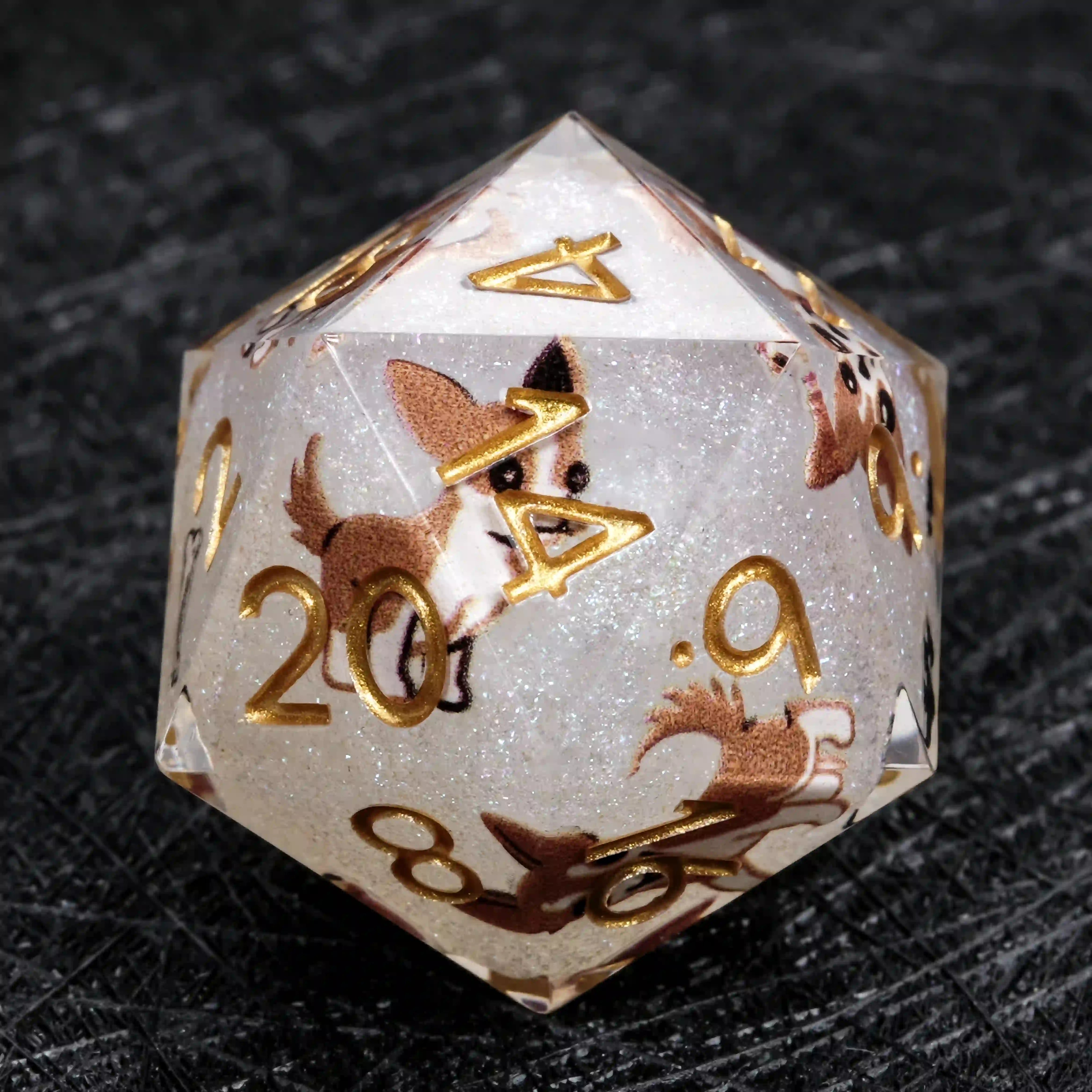 Kickstarter Dice – White Glitter Resin Chihuahua DND D20 Dice with Gold Numbers | Bear Dice