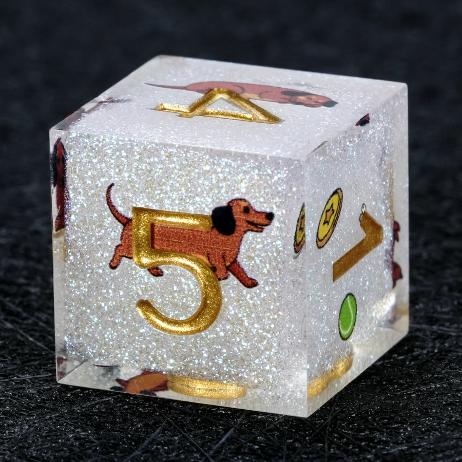 Kickstarter Dice – Handcrafted Sharp-Edged White Glitter Resin Dachshund DND D6 Dice with Gold Numbers | Bear Dice