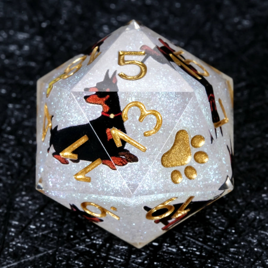 Kickstarter Dice – Handcrafted Sharp-Edged White Glitter Resin Doberman DND D20 Dice with Engraved Gold Paw Prints on the "1" Face | Bear Dice