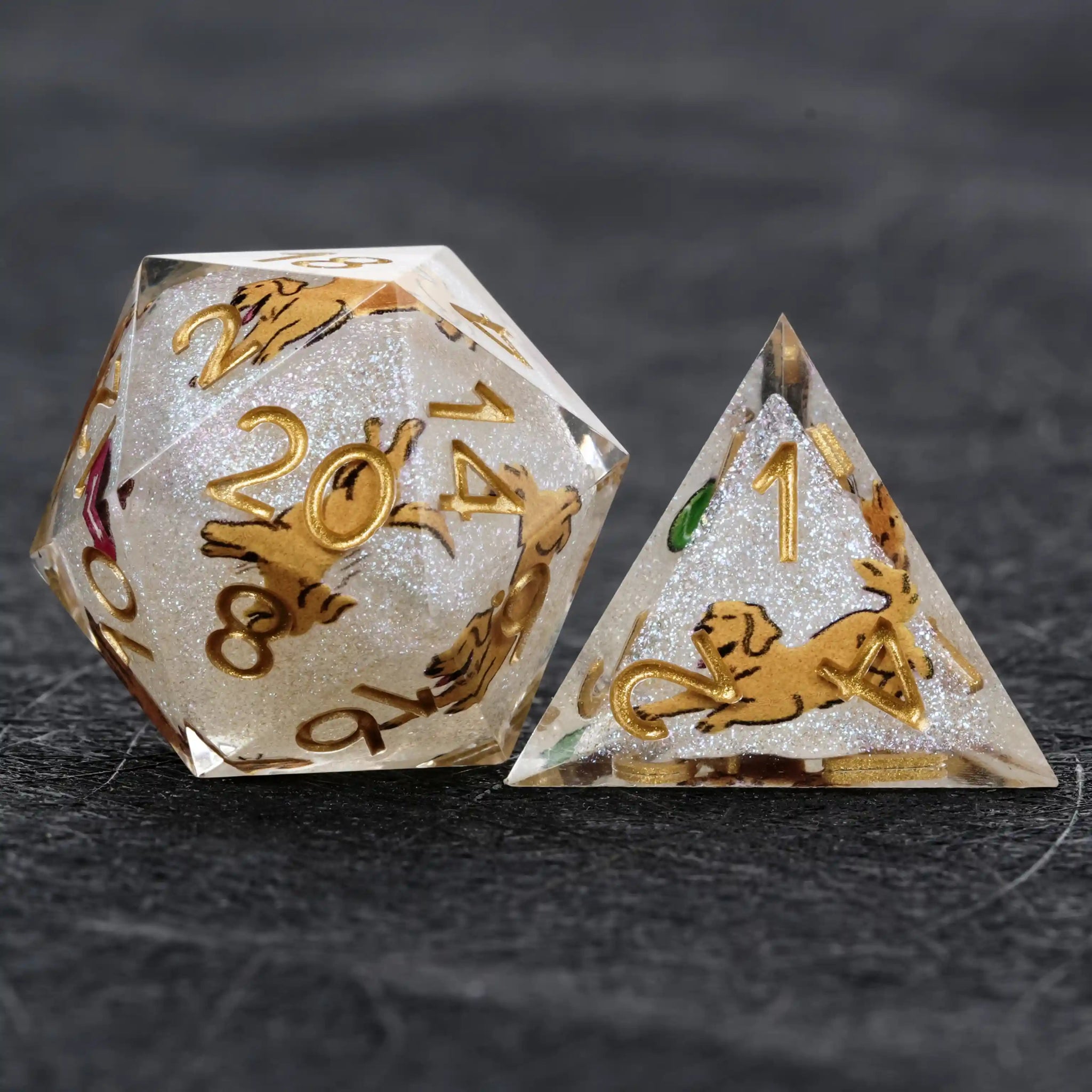 Kickstarter Dice – White Glitter Resin Golden Retriever DND D20 and D4 Dice | Bear Dice