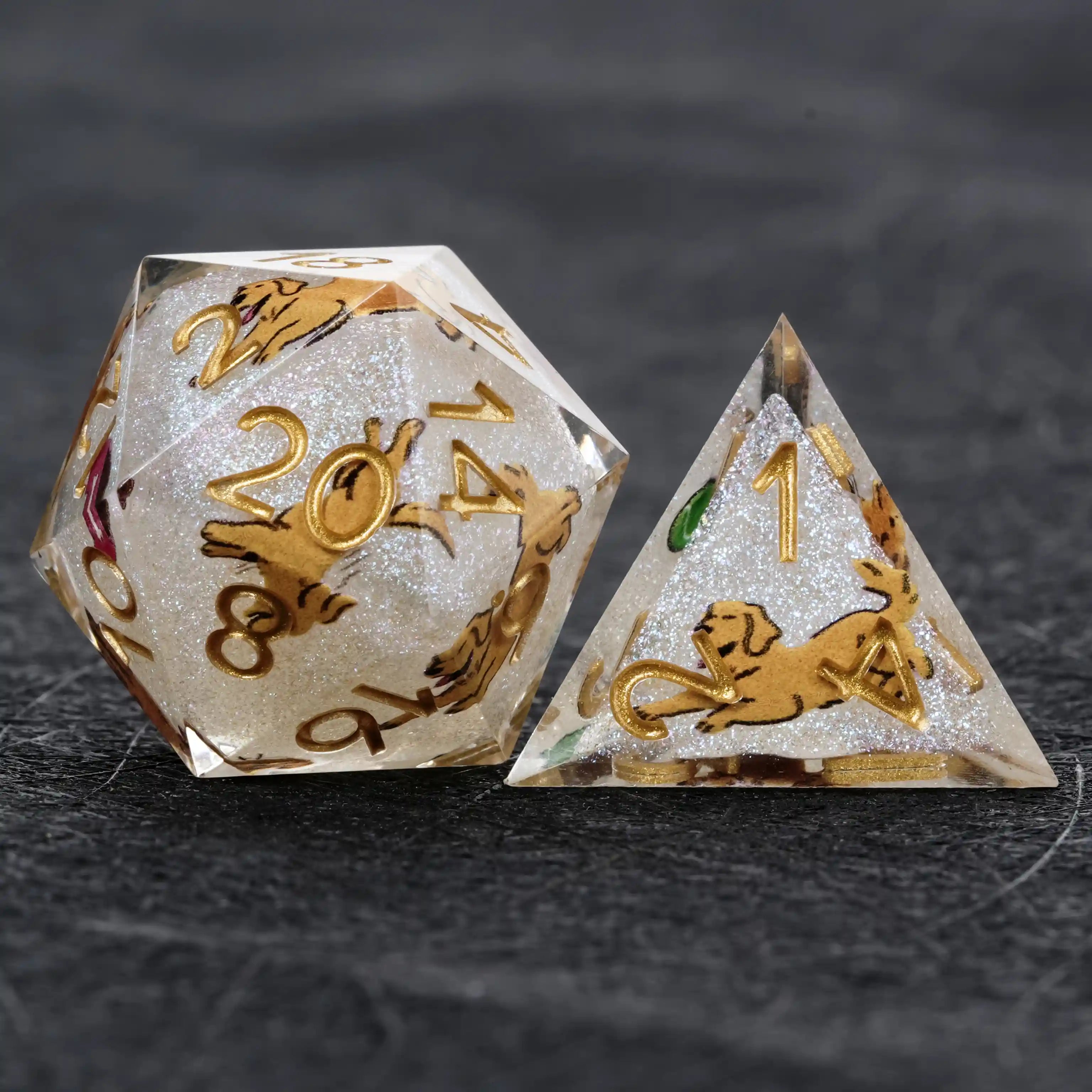 Kickstarter Dice – White Glitter Resin Golden Retriever DND D20 and D4 Dice | Bear Dice