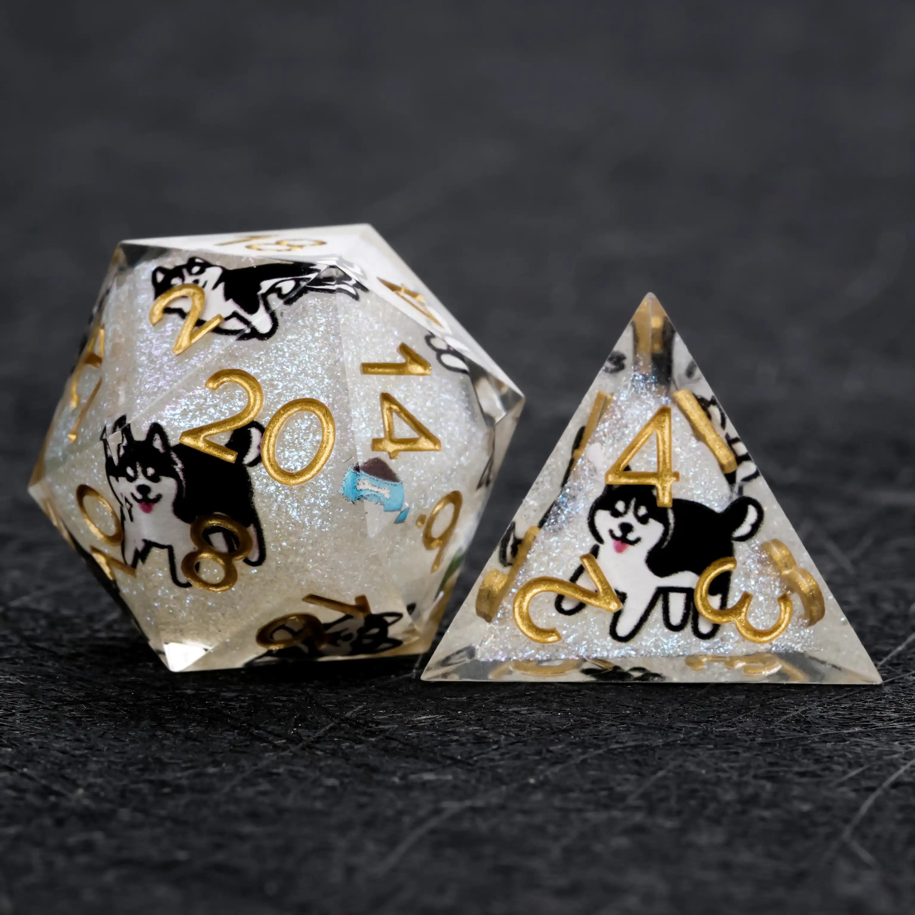 Kickstarter Dice – White Glitter Resin Husky DND D20 and D4 Dice | Bear Dice