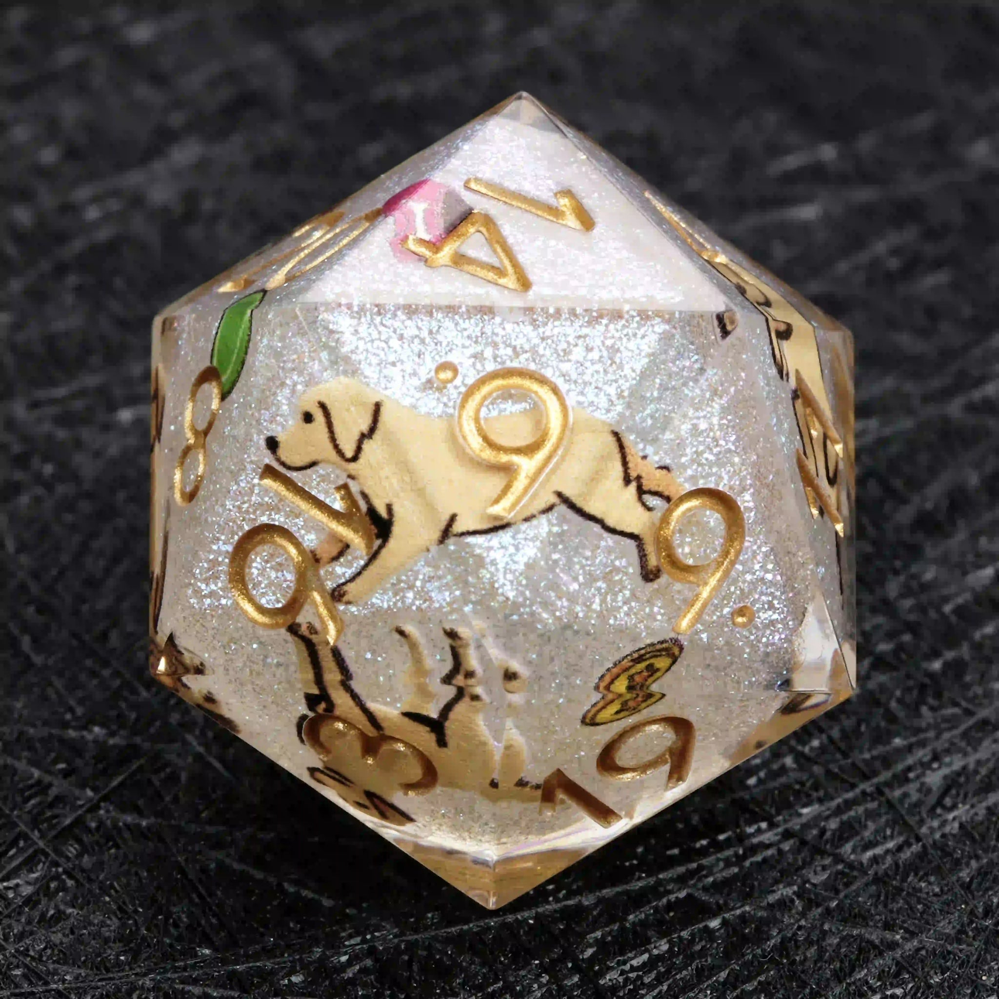 Kickstarter Dice – White Glitter Resin Labrador DND D20 Dice with Gold Numbers | Bear Dice