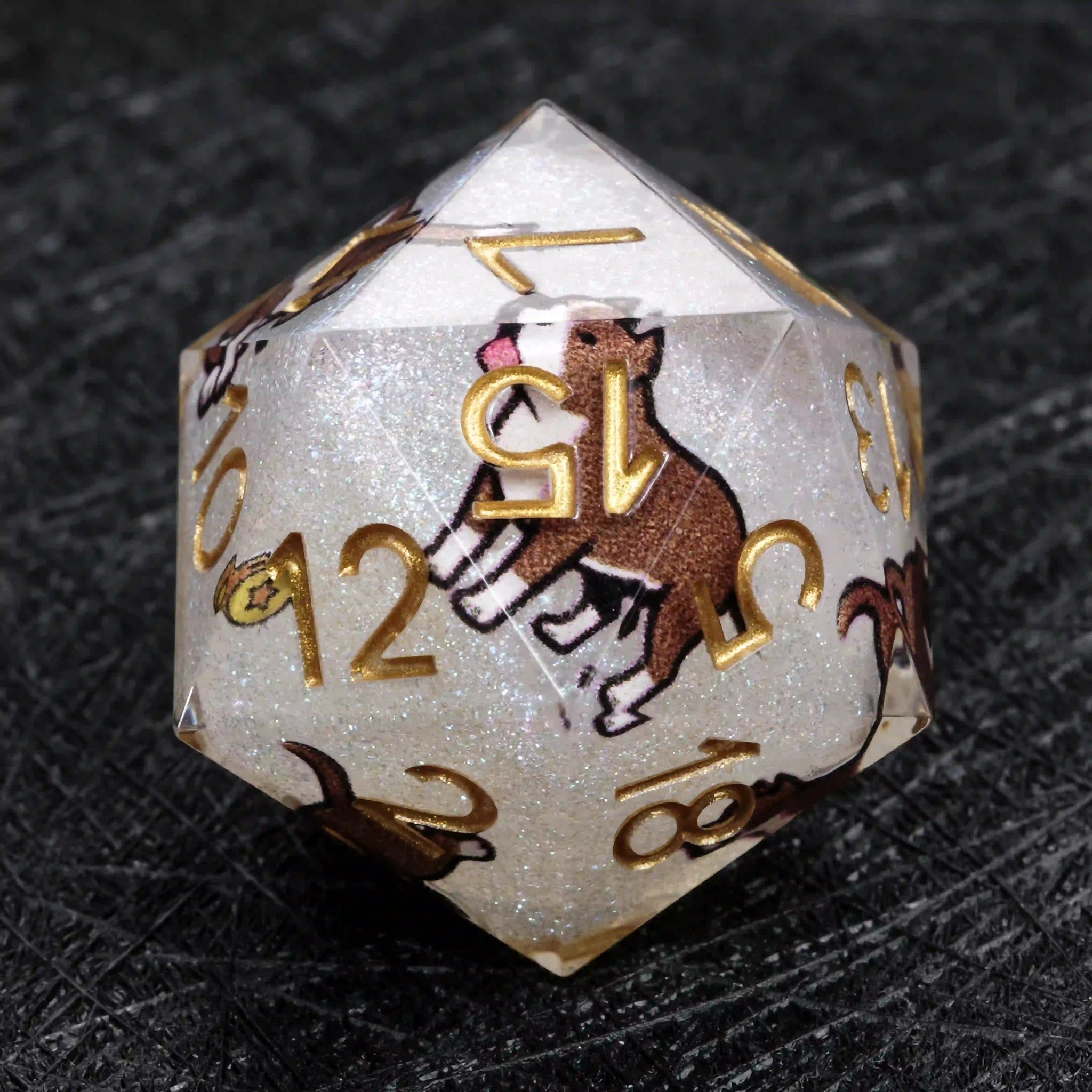 Kickstarter Dice – White Glitter Resin Pit Bull DND D20 Dice, Gold Numbers | Bear Dice