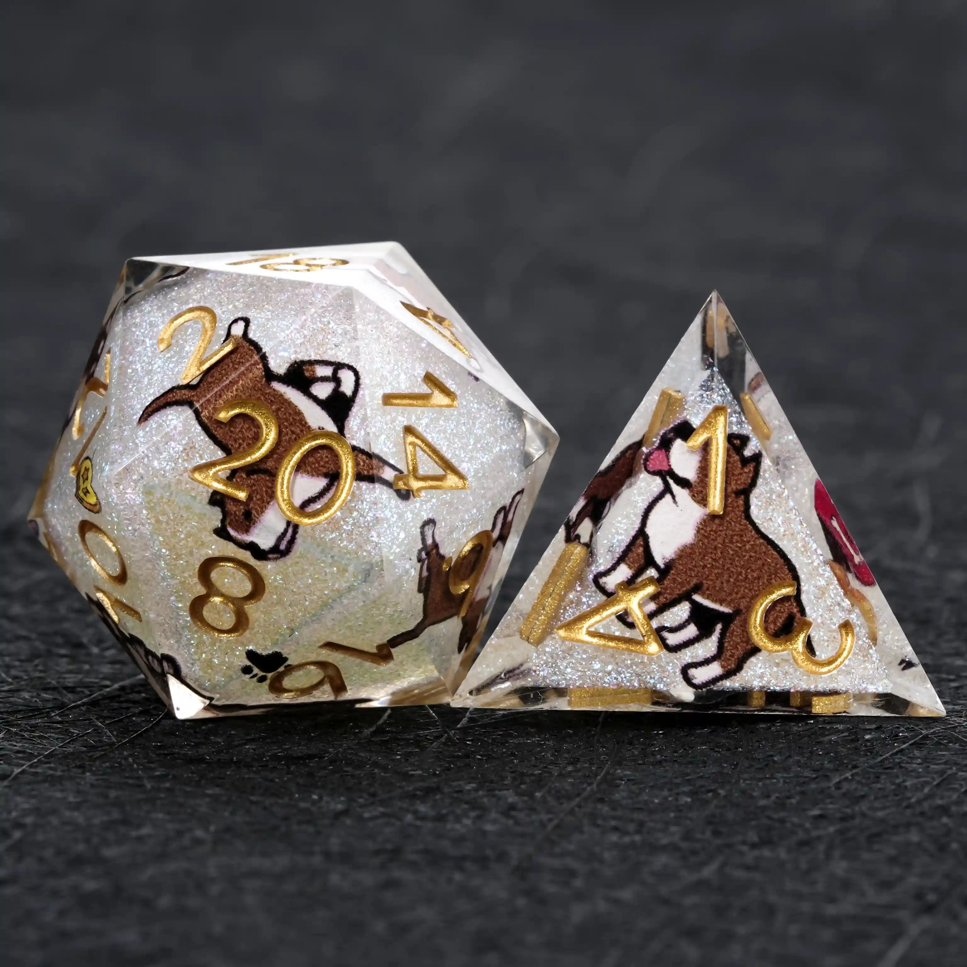 Kickstarter Dice – White Glitter Resin Pit Bull DND D20 and D4 Dice | Bear Dice