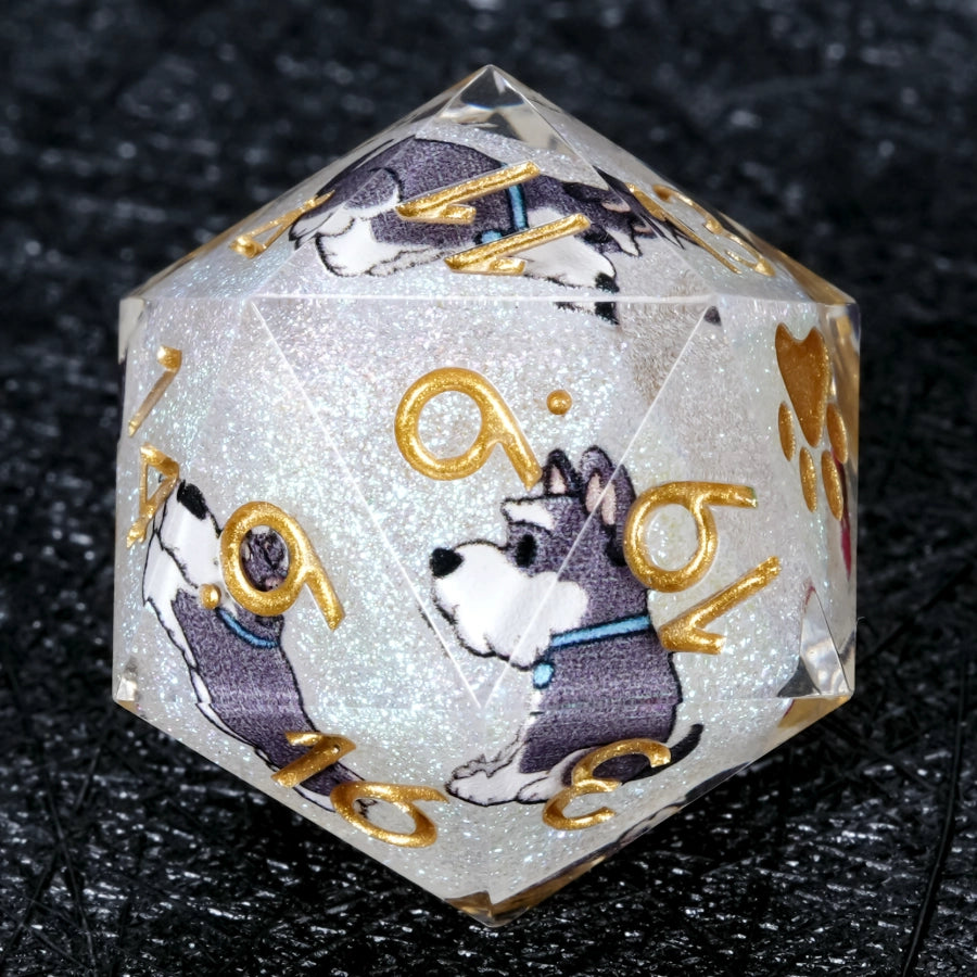 Kickstarter Dice – Handcrafted Sharp-Edged White Glitter Resin Schnauzer DND D20 Dice with Engraved Gold Paw Print Design on the "1" Face | Bear Dice