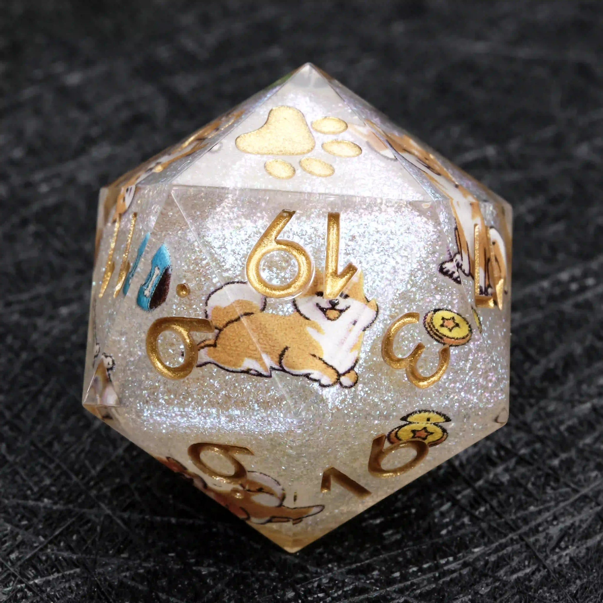 Kickstarter Dice – White Glitter Resin Shiba Inu DND D20 Dice, Gold Numbers | Bear Dice