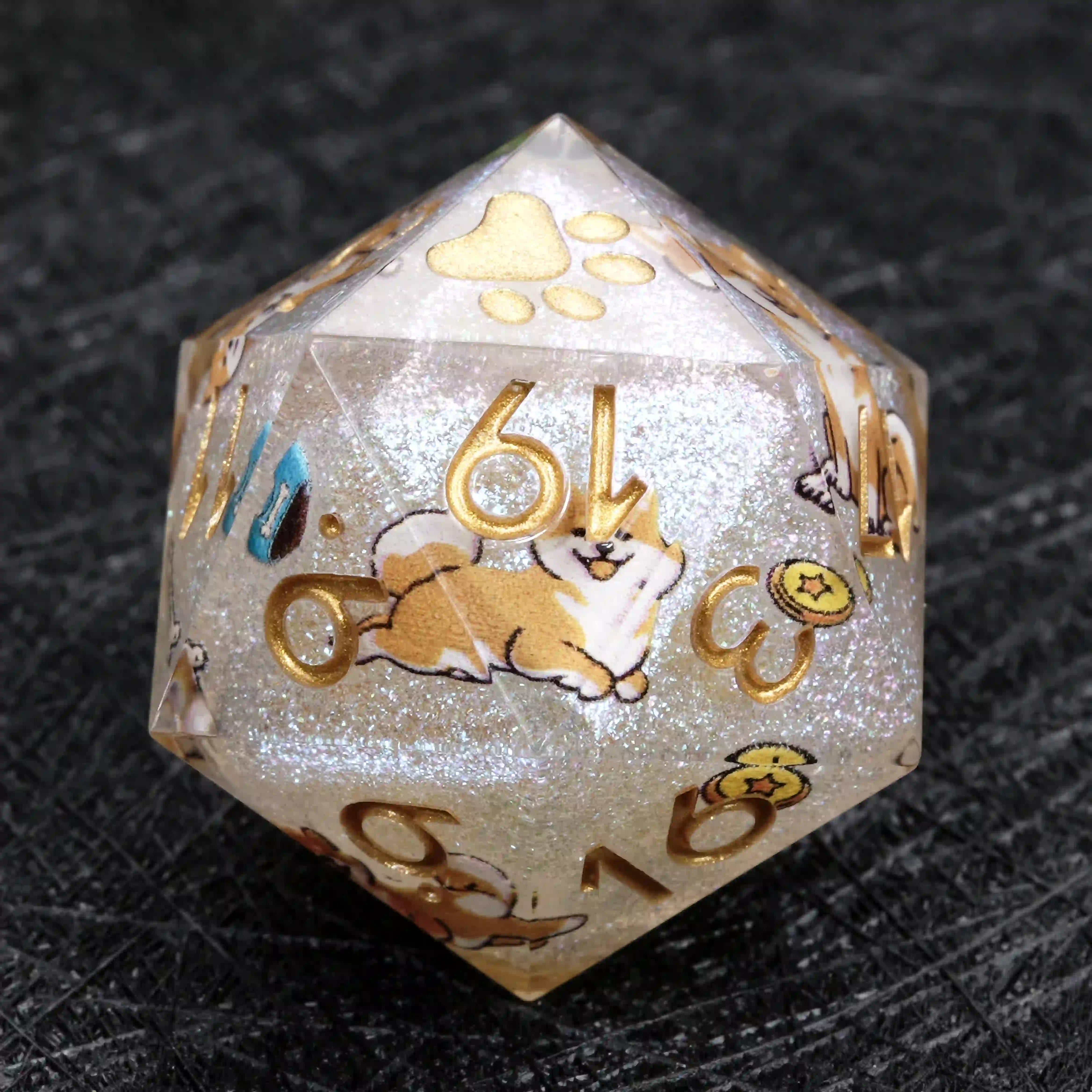 Kickstarter Dice – White Glitter Resin Shiba Inu DND D20 Dice, Gold Numbers | Bear Dice