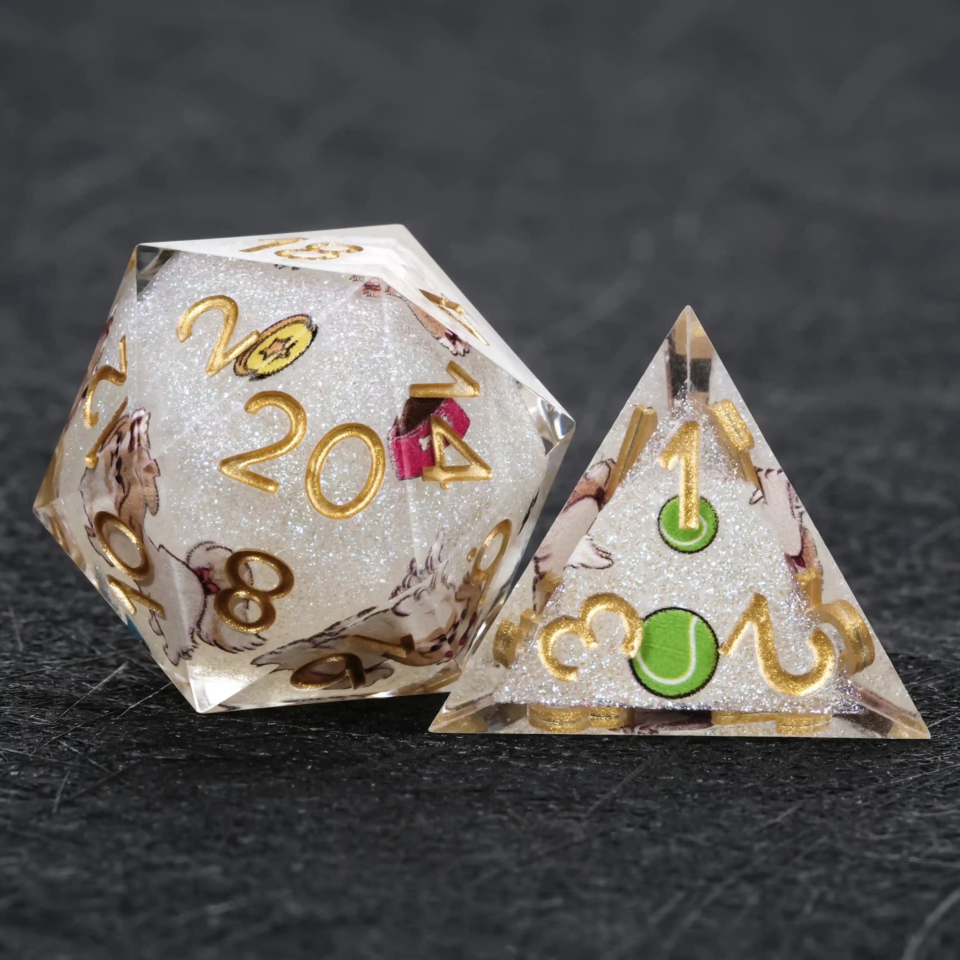 Kickstarter Dice – White Glitter Resin Shih Tzu DND D20 and D4 Dice | Bear Dice