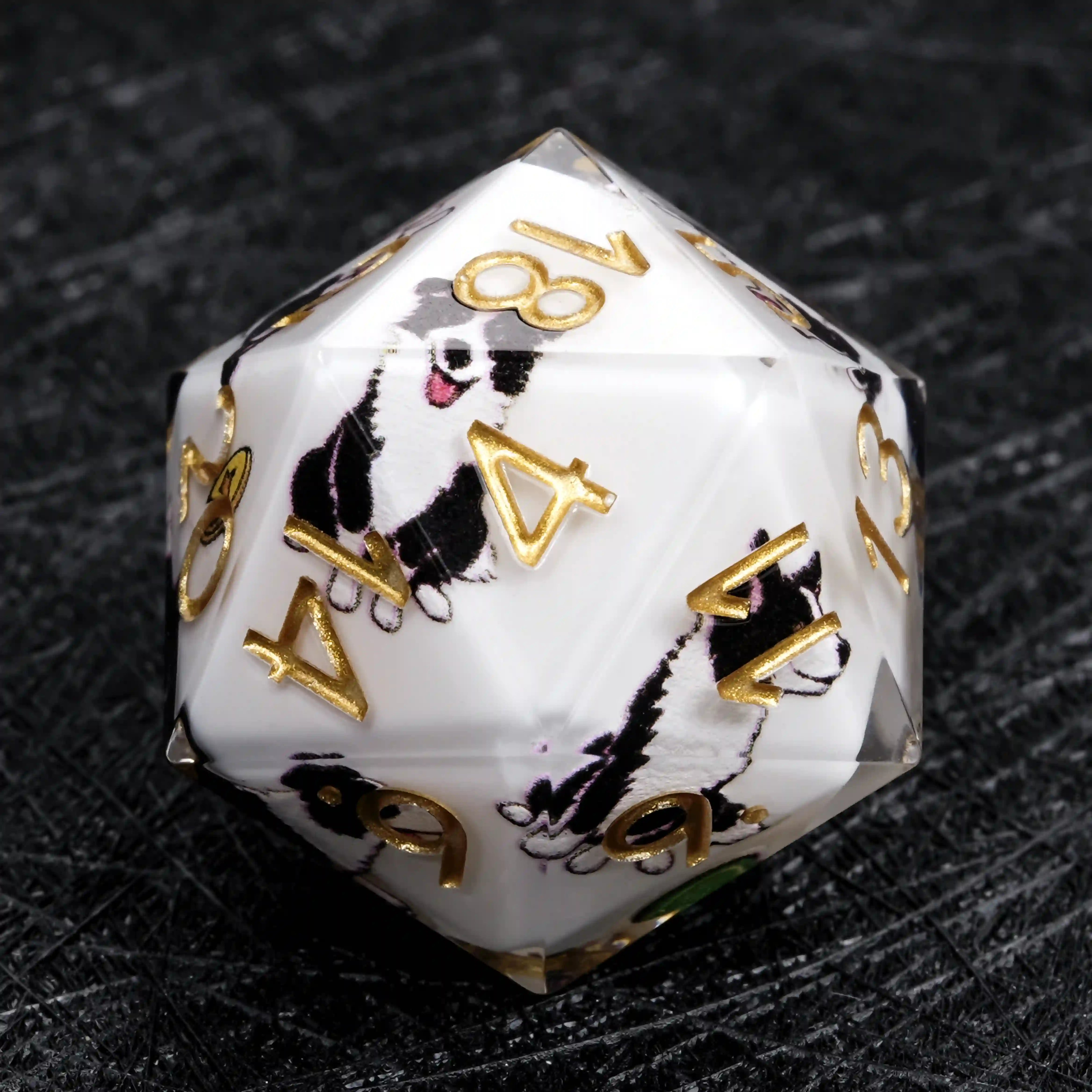 Kickstarter Dice – White Resin Border Collie DND D20 Dice with Gold Numbers | Bear Dice