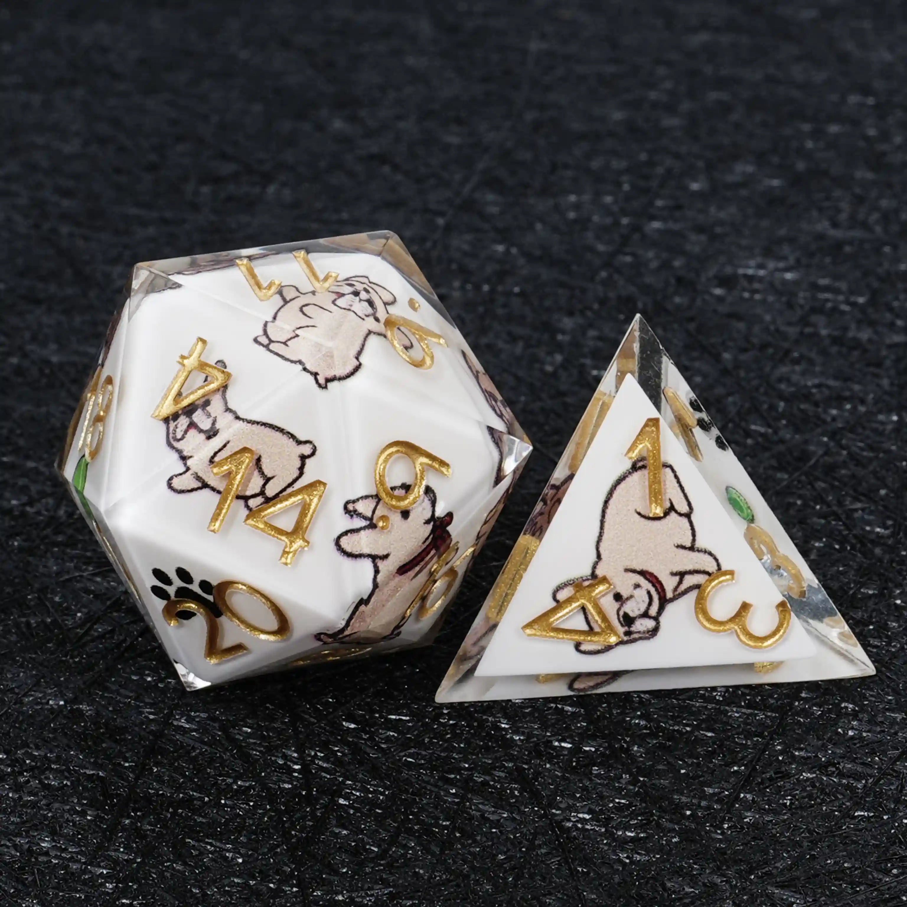 Kickstarter Dice – White Resin Bulldog DND D20 and D4 Dice | Bear Dice