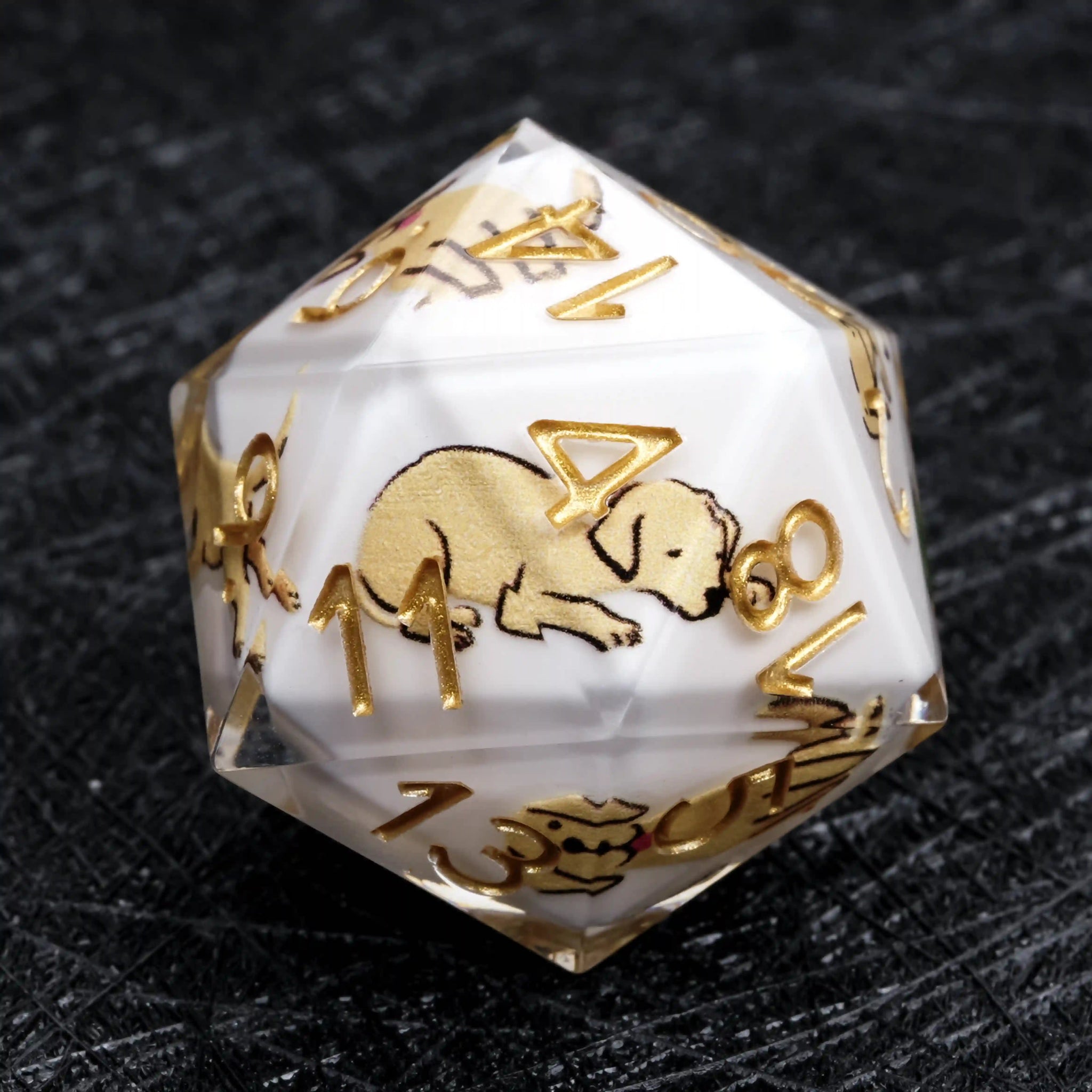 Kickstarter Dice – White Resin Labrador DND D20 Dice with Gold Numbers | Bear Dice