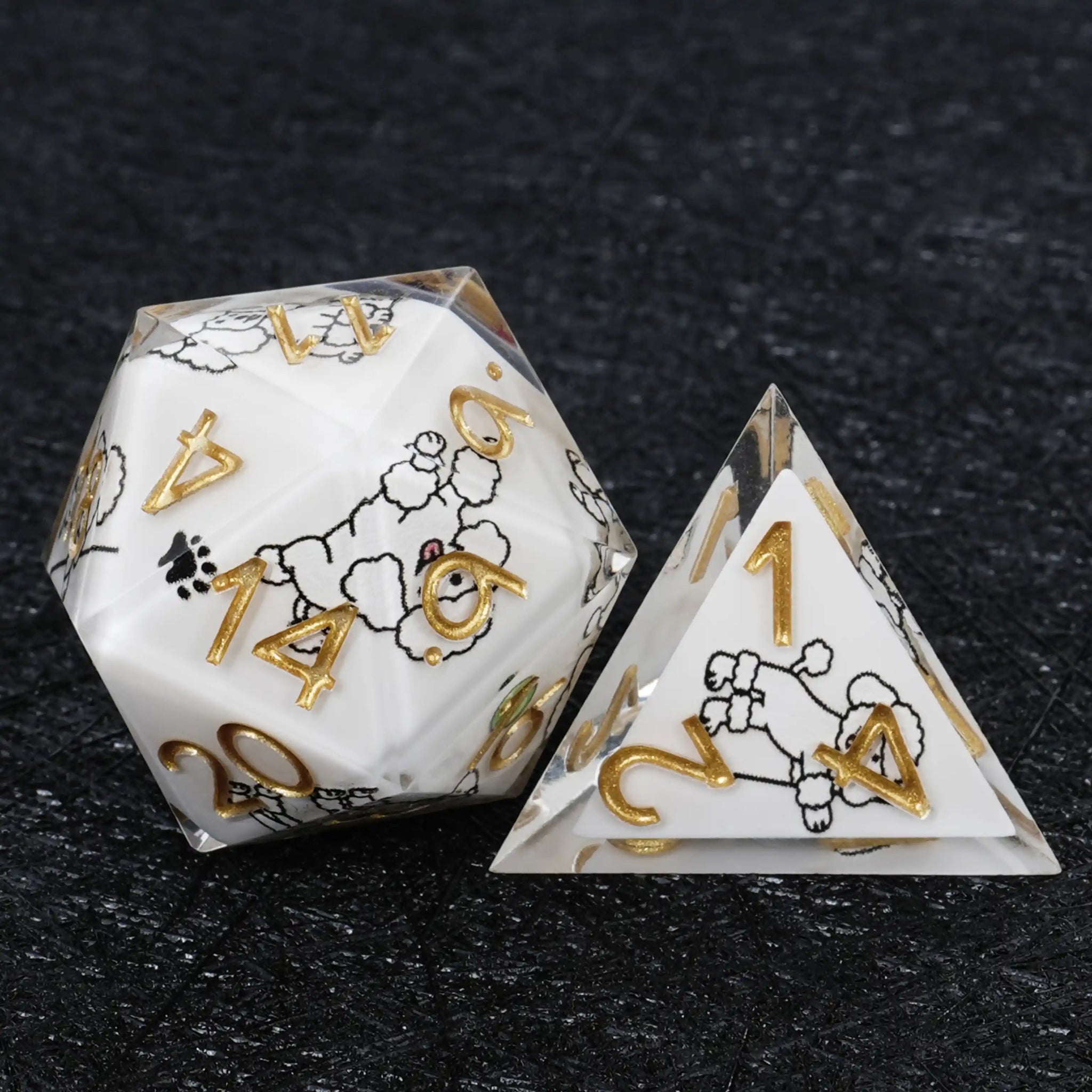 Kickstarter Dice – White Resin Poodle DND D20 and D4 Dice | Bear Dice