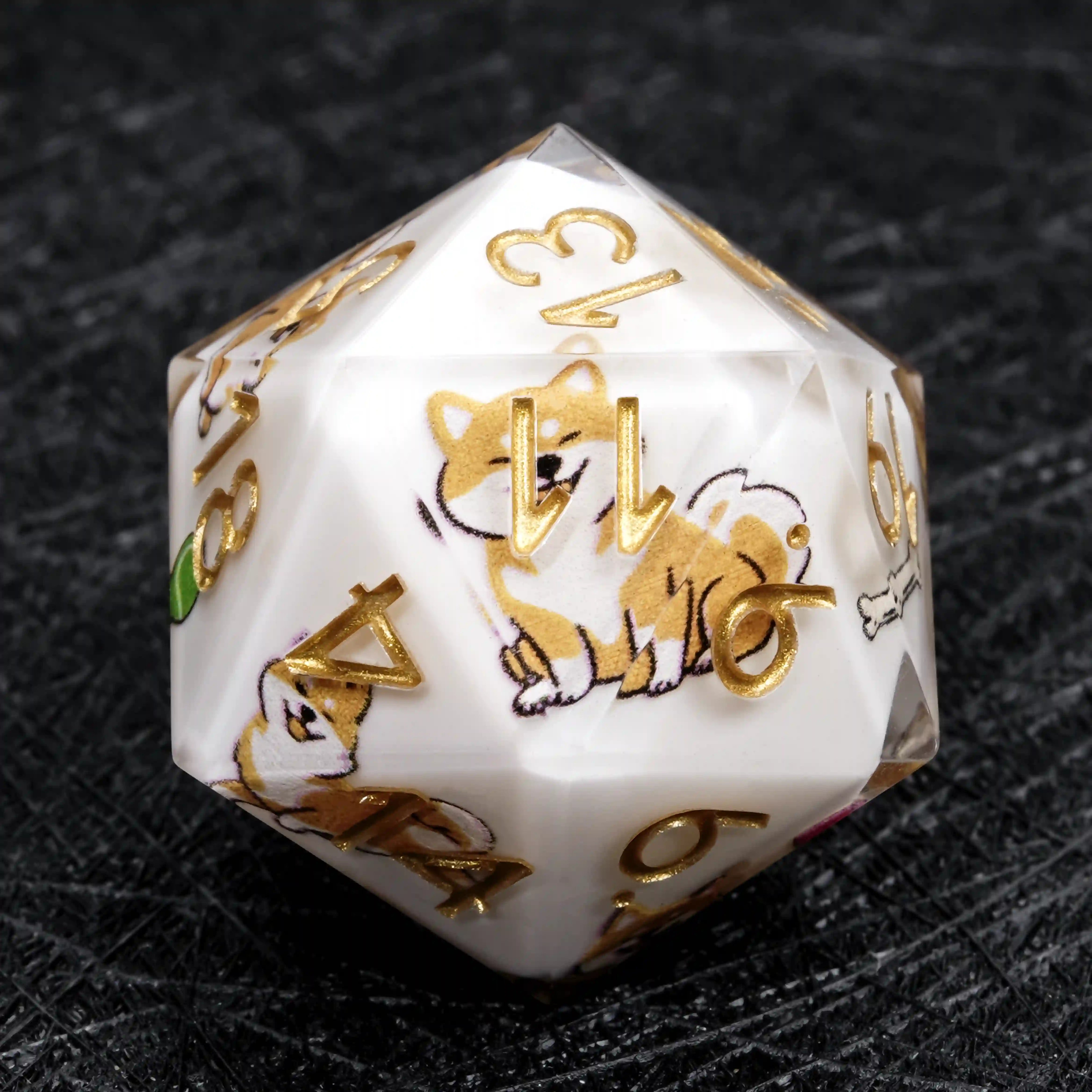 Kickstarter Dice – White Resin Shiba Inu DND D20 Dice with Gold Numbers | Bear Dice