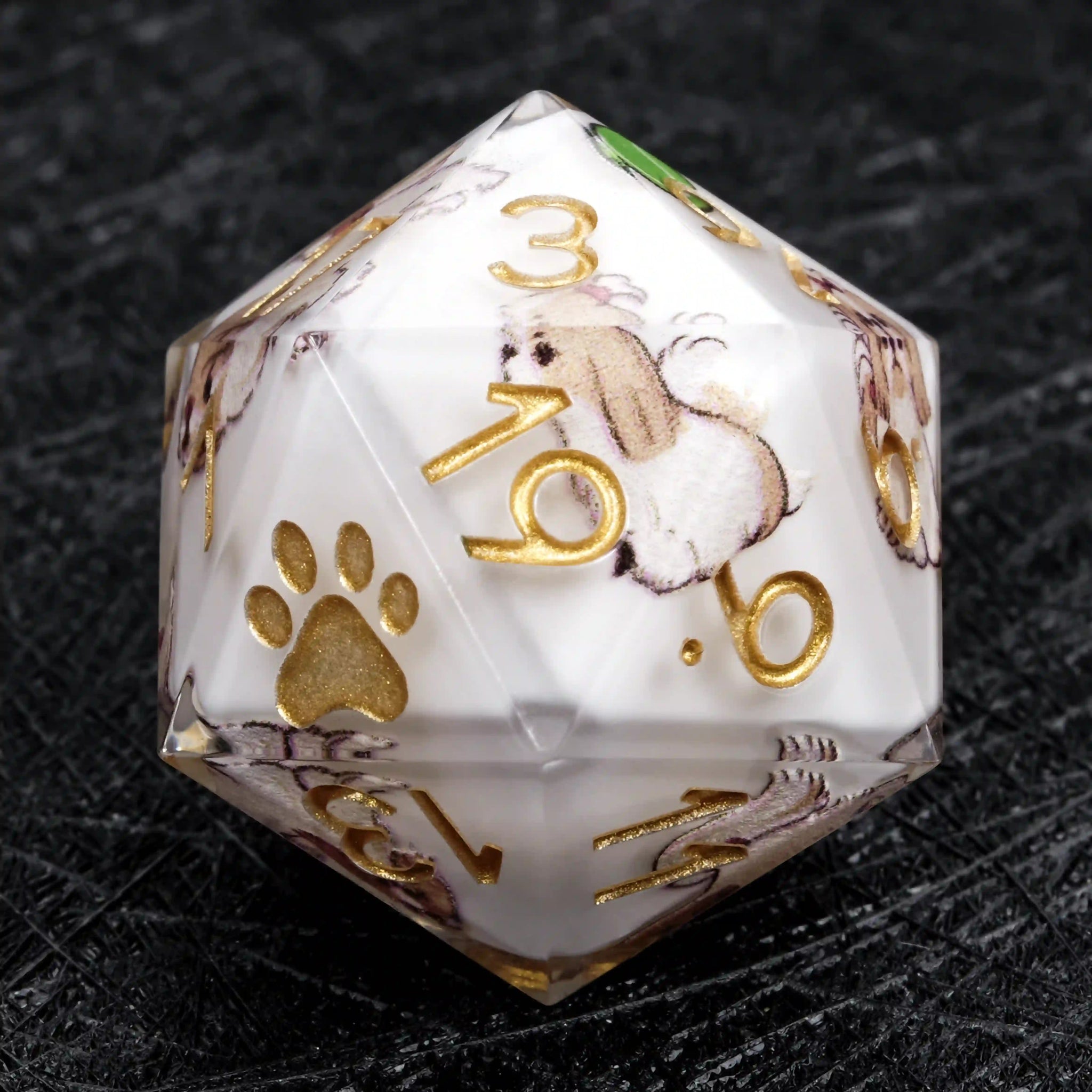 Kickstarter Dice – White Resin Shih Tzu DND D20 Dice with Gold Numbers | Bear Dice