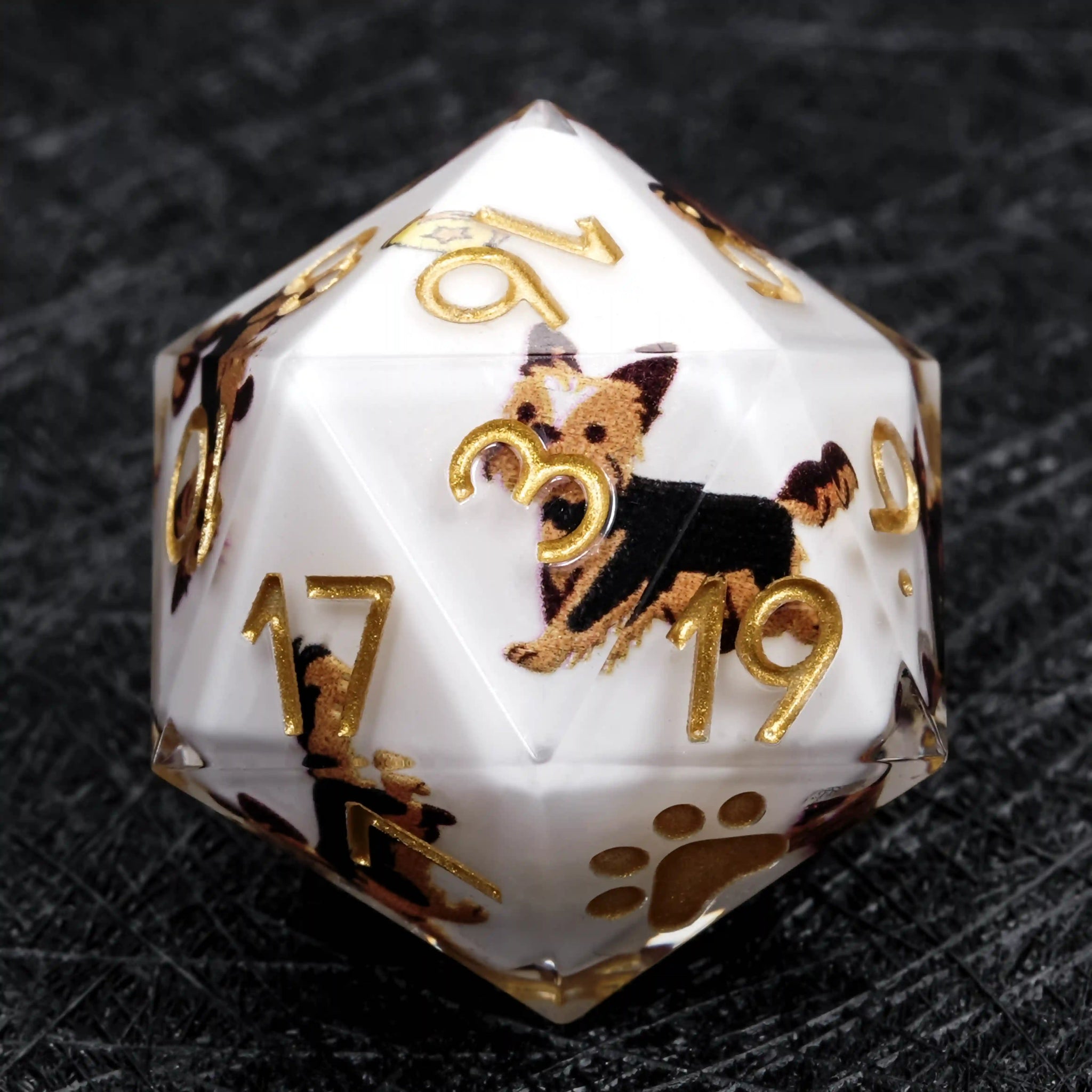 Kickstarter Dice – White Resin Yorkshire DND D20 Dice with Gold Numbers | Bear Dice